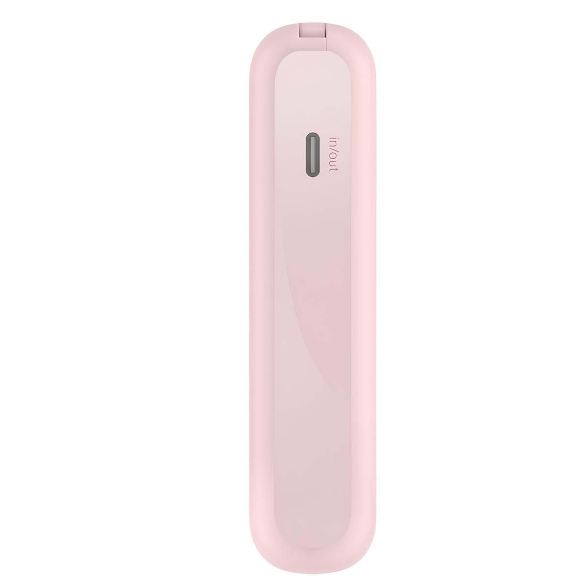Un appareil rose rectangulaire aux bords arrondis. Il porte l'étiquette 'in/out' et une petite ouverture. Le fond est blanc.