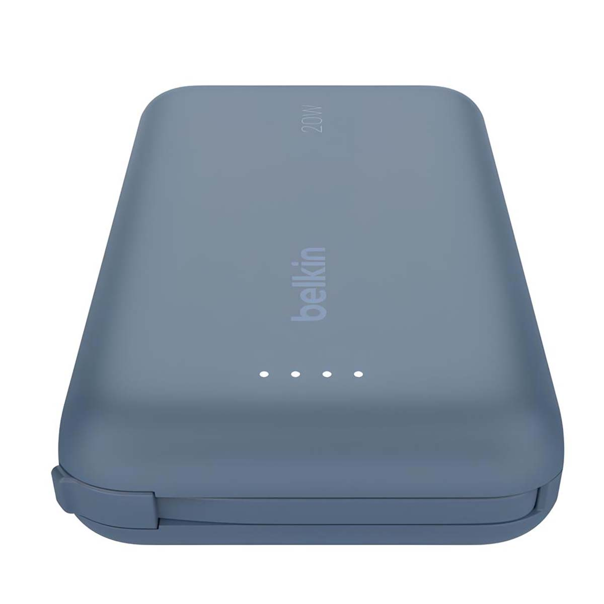 Une batterie externe Belkin bleue de 20W. Elle a trois voyants blancs et le logo Belkin.