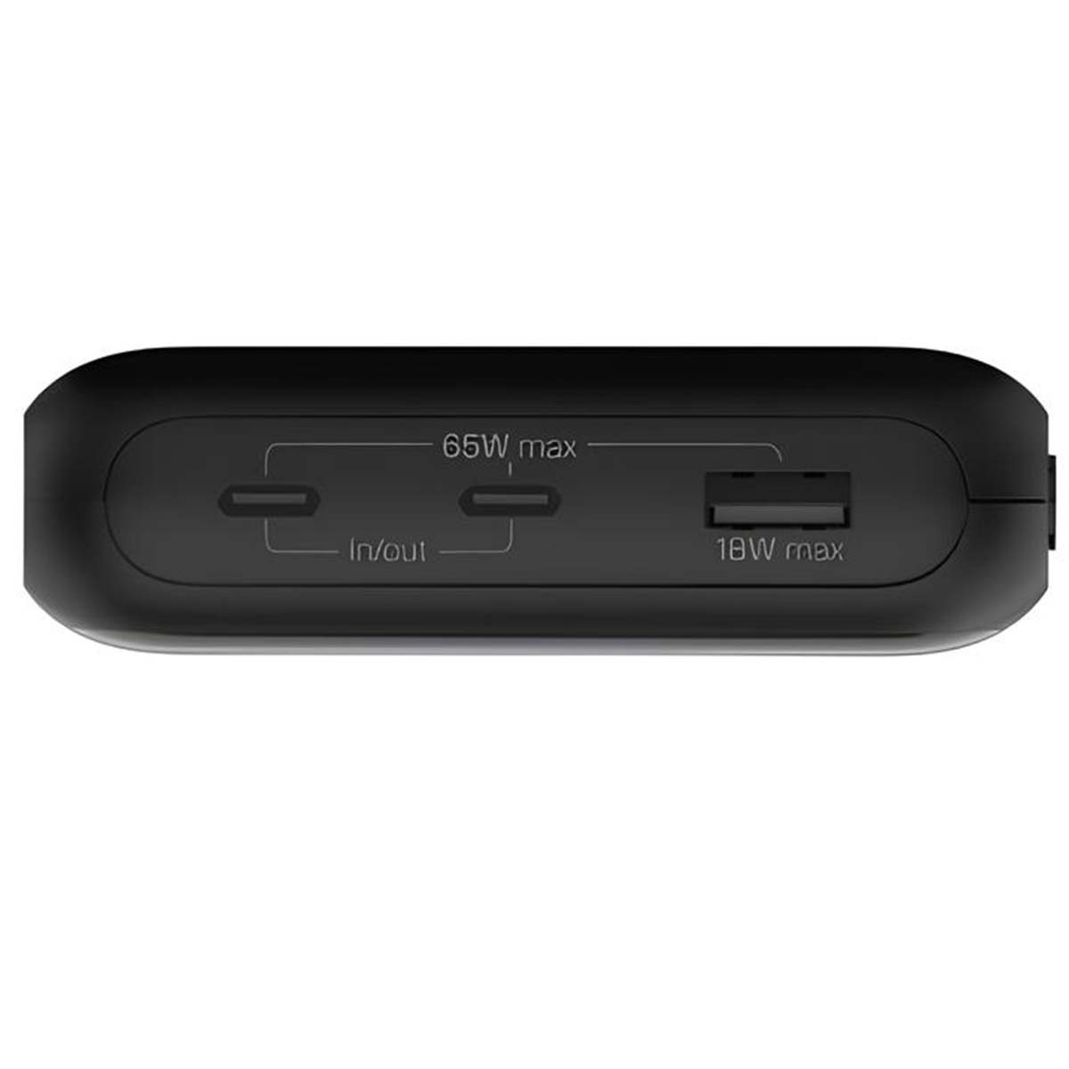 Power bank nera con porte USB e USB-C. Etichettata come '65W max', '18W max' e 'In/out'.