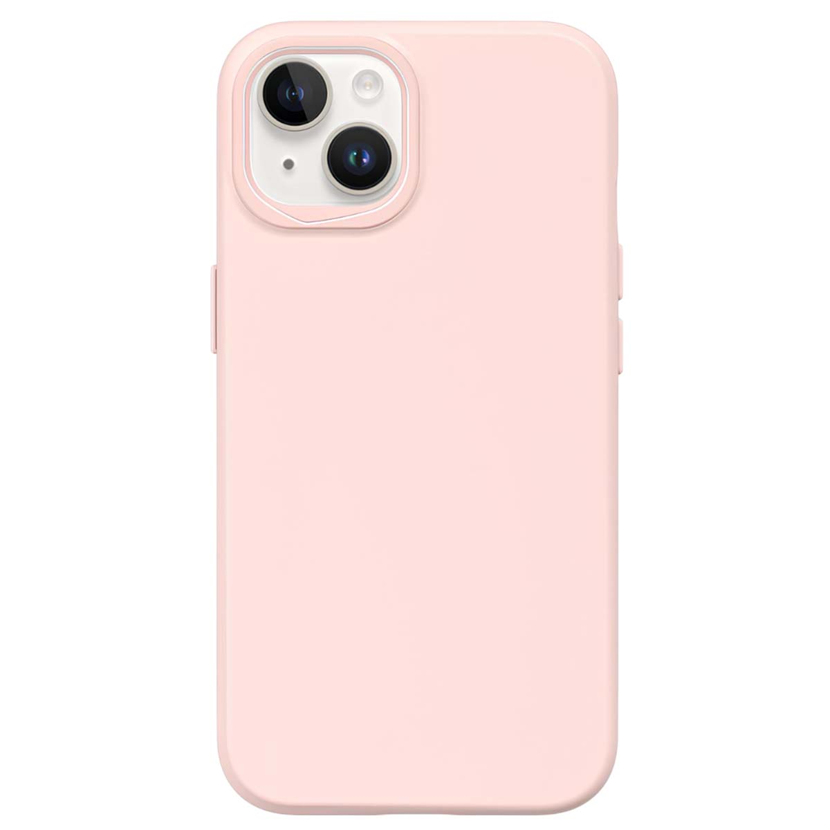 Una custodia per telefono rosa chiaro. Ha un ritaglio per la fotocamera con due lenti. La custodia è liscia e copre la parte posteriore e i lati del telefono.