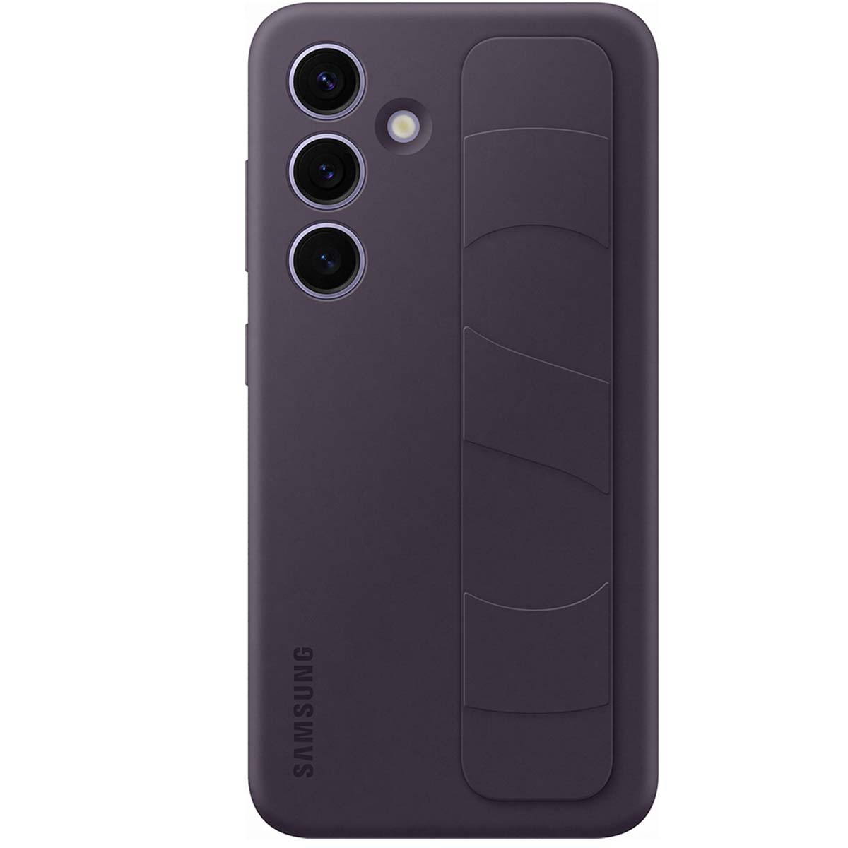 Een donkerpaarse telefoonhoes. Het heeft drie cameralenzen en een flitser. Het Samsung-logo staat onderaan.