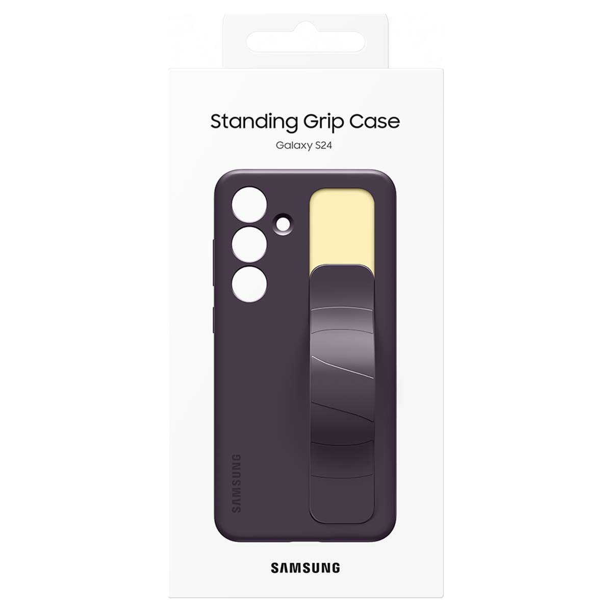 Donkerpaarse telefoonhoes voor een Galaxy S24, met een grip en een lichtgele zone, in een witte doos met het Samsung logo.