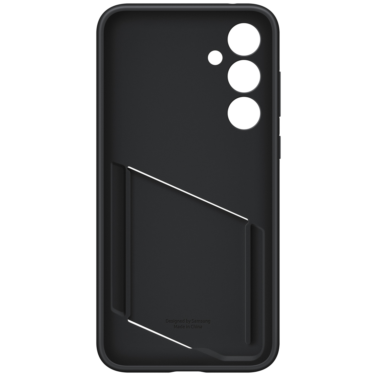 Czarne etui na telefon z wycięciami na aparat i przyciski. Posiada design na karty. Z napisem 'Designed by Samsung Made in China'.