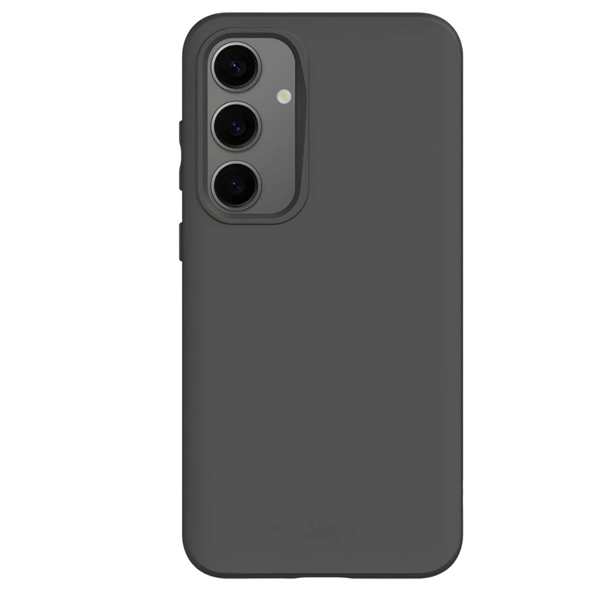 Una custodia per telefono grigio scuro. Ha tre obiettivi e un flash in alto a sinistra.