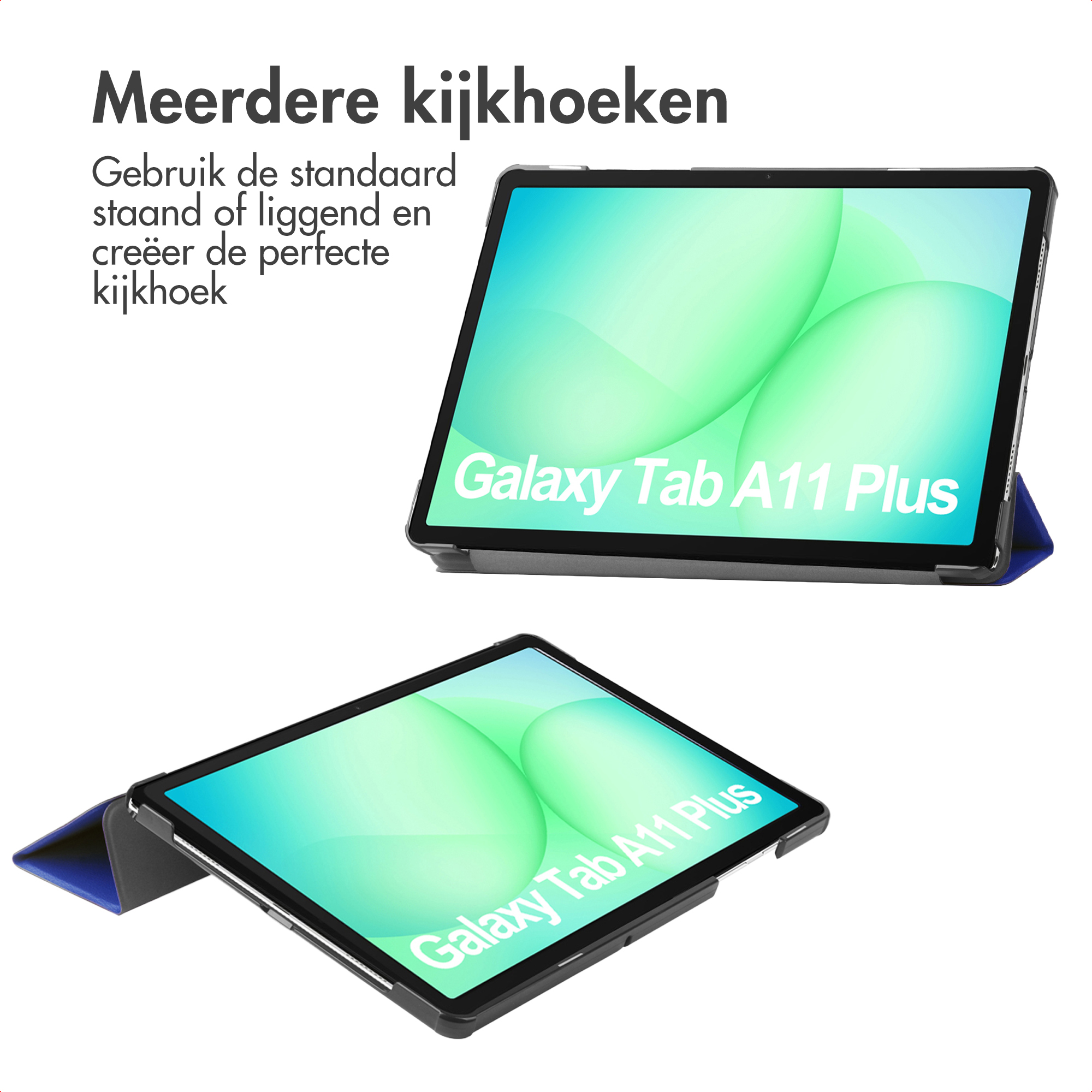 Deux tablettes Galaxy Tab A11 Plus. L'une inclinée, l'autre plate. Les deux affichent des écrans verts et blancs. Texte à l'écran.