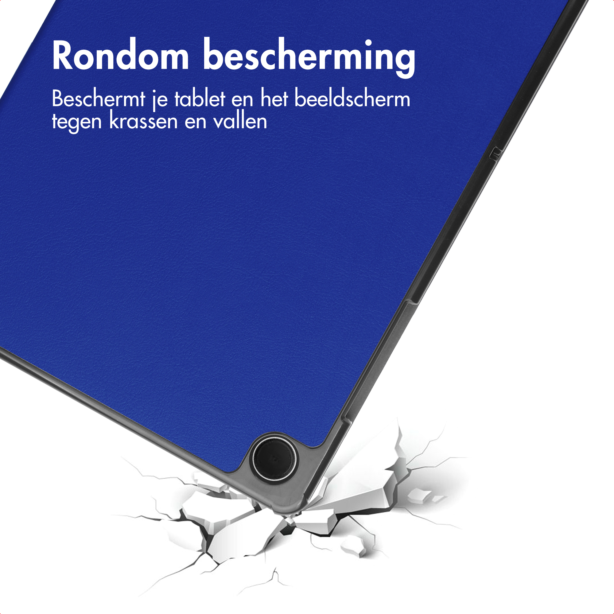 Étui de tablette protégeant des chutes, fissures et rayures. Écran bleu, surface blanche fissurée.