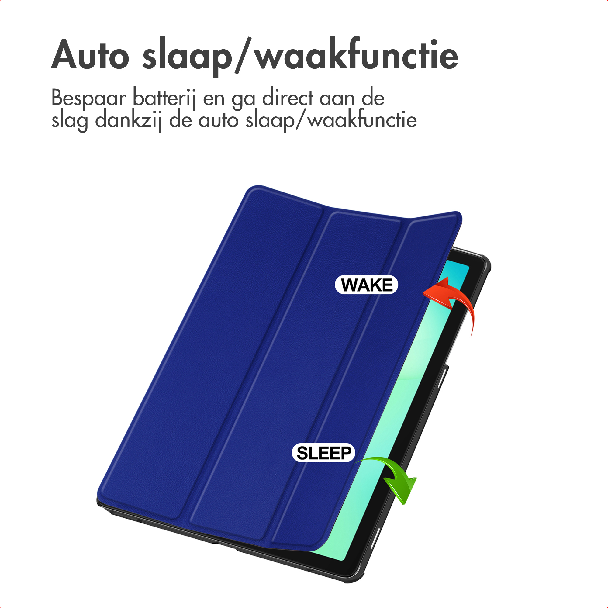Une housse de tablette bleue avec les étiquettes 'wake' et 'sleep'. Les flèches indiquent l'ouverture et la fermeture.