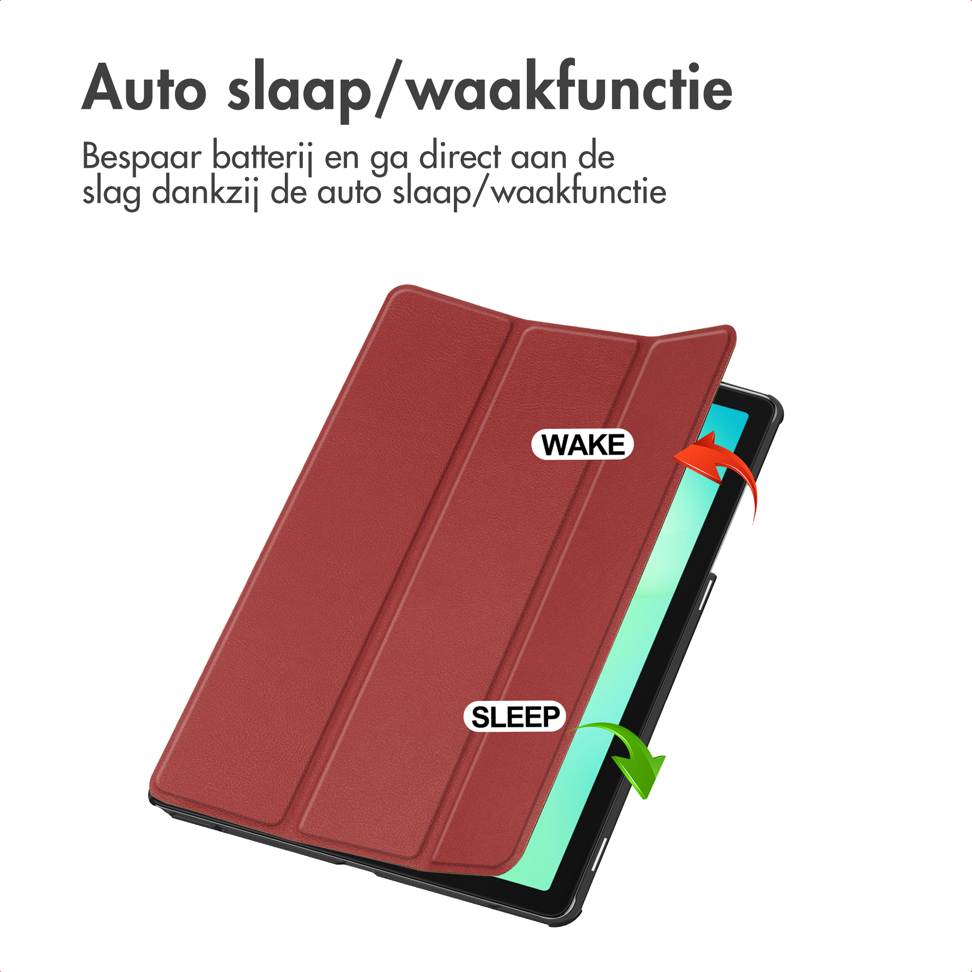 Een rode tablethoes met een tablet. Tekst leest auto slaap/wake functie. Pijlen geven slaap en wake aan.