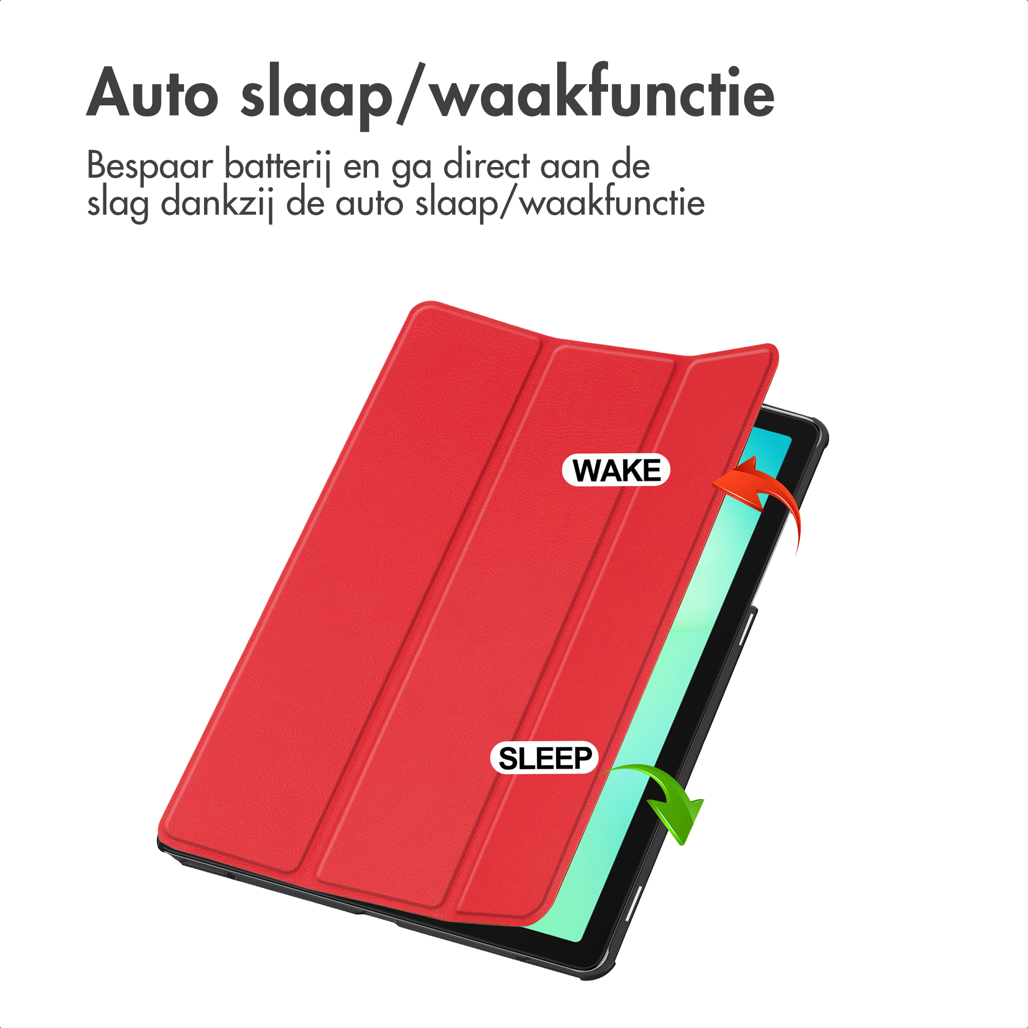 Étui de tablette rouge avec étiquettes 'WAKE' et 'SLEEP'. La tablette s'ouvre. Texte : Fonction veille/réveil automatique.