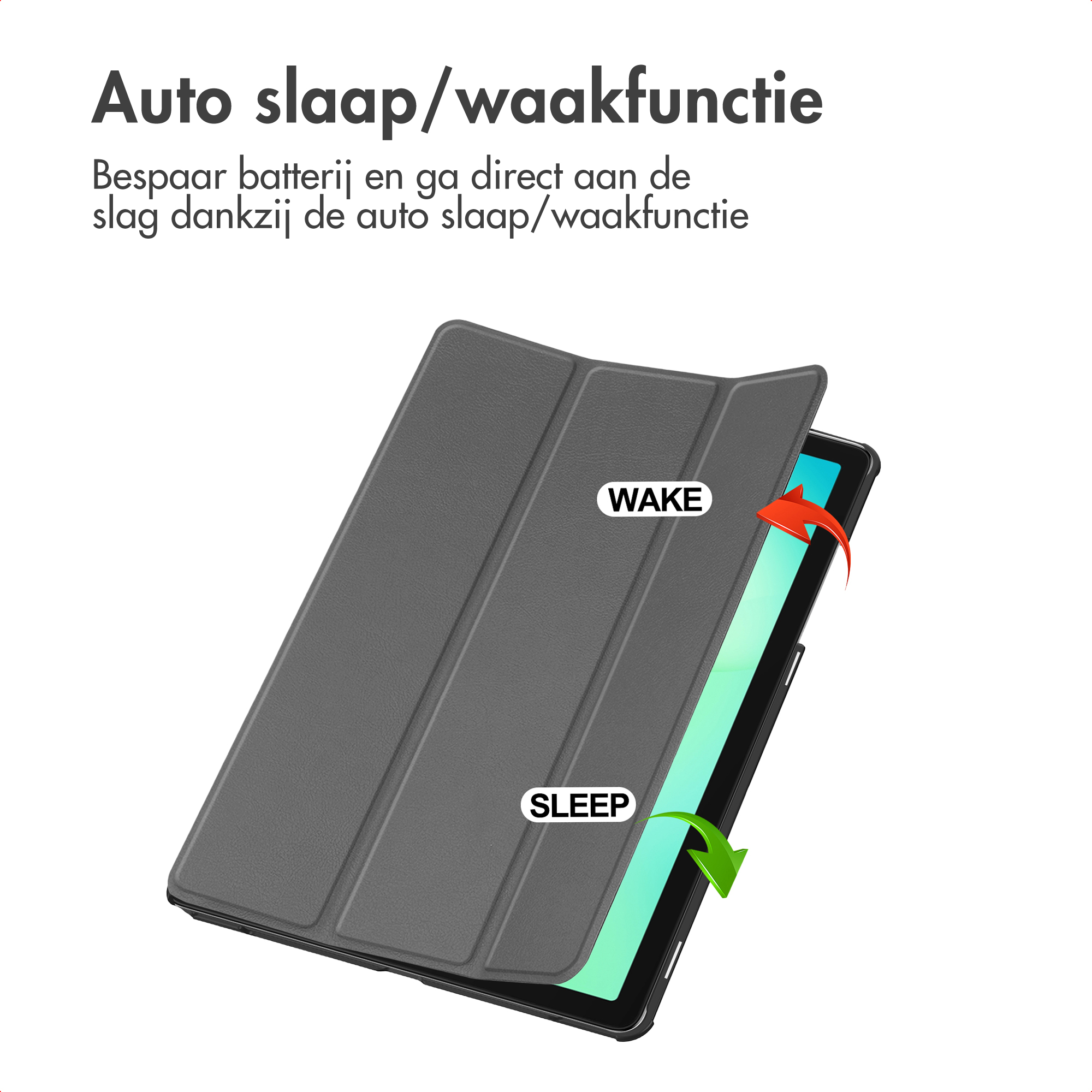 Une tablette dans un étui gris est montrée. L'étui s'ouvre avec les fonctions de réveil et de veille.