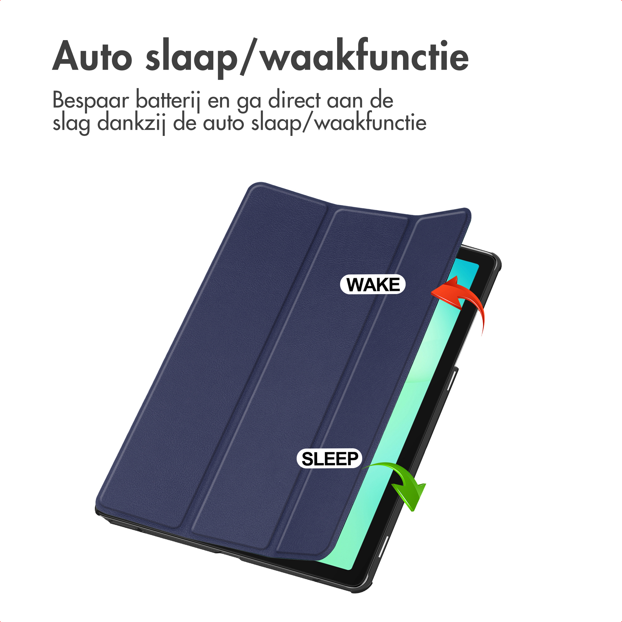 Blauwe tabletcover met 'WAKE' en 'SLEEP' labels. Pijlen geven schermactivering aan.