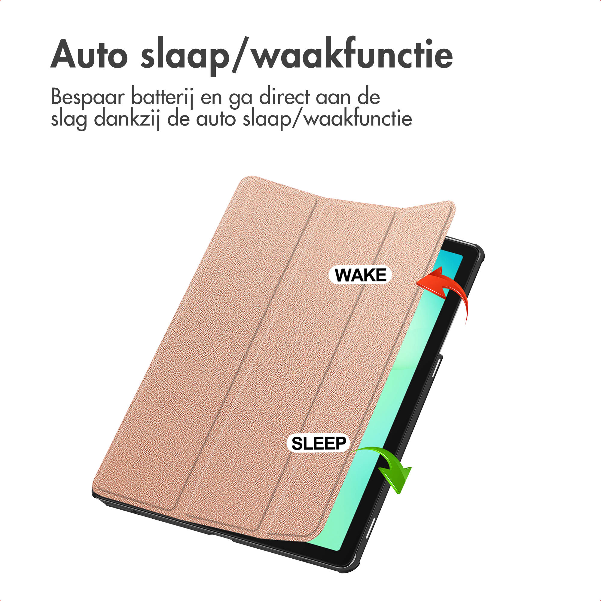 Étui pour tablette avec couverture marron. La tablette est noire. Les fonctions de réveil et de veille sont affichées avec des flèches.
