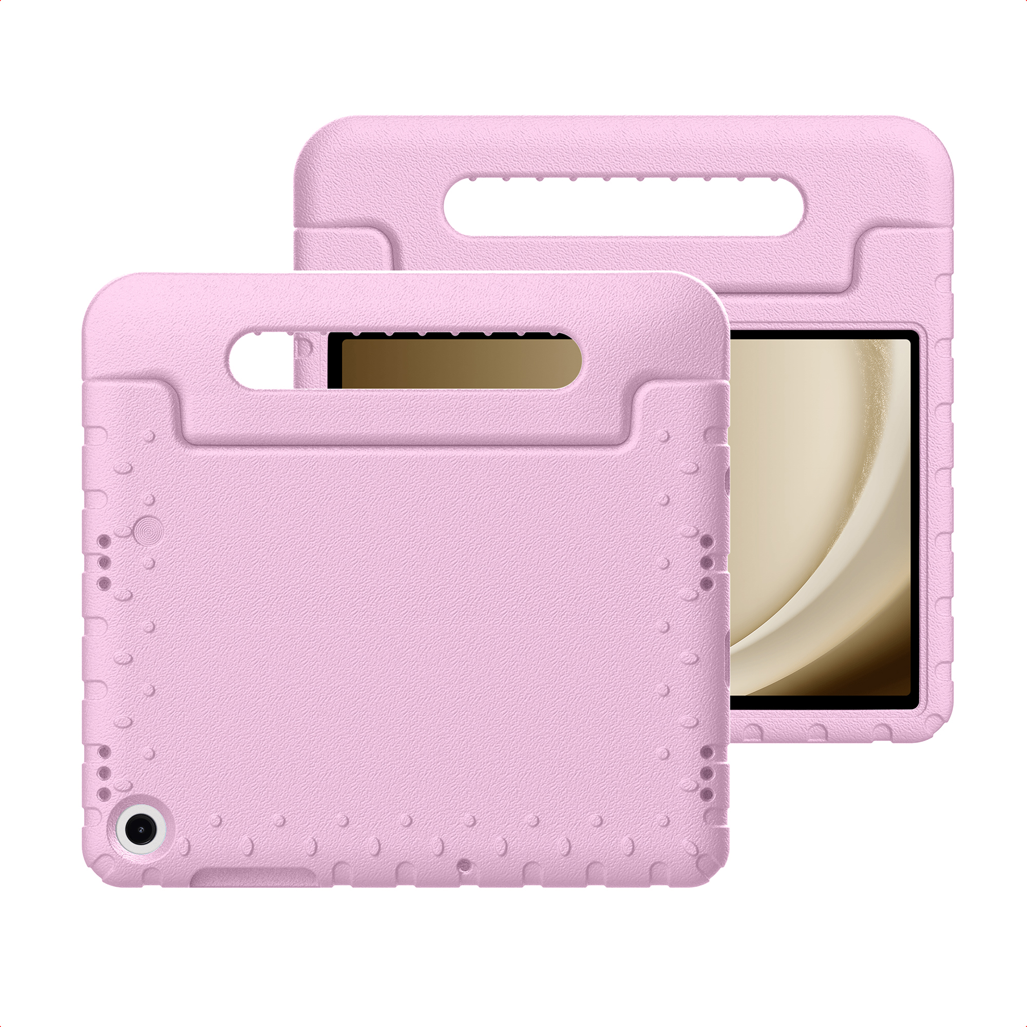 Twee roze tablethoezen met handvatten. Eén hoes toont het tabletscherm. De hoezen hebben een getextureerd oppervlak.