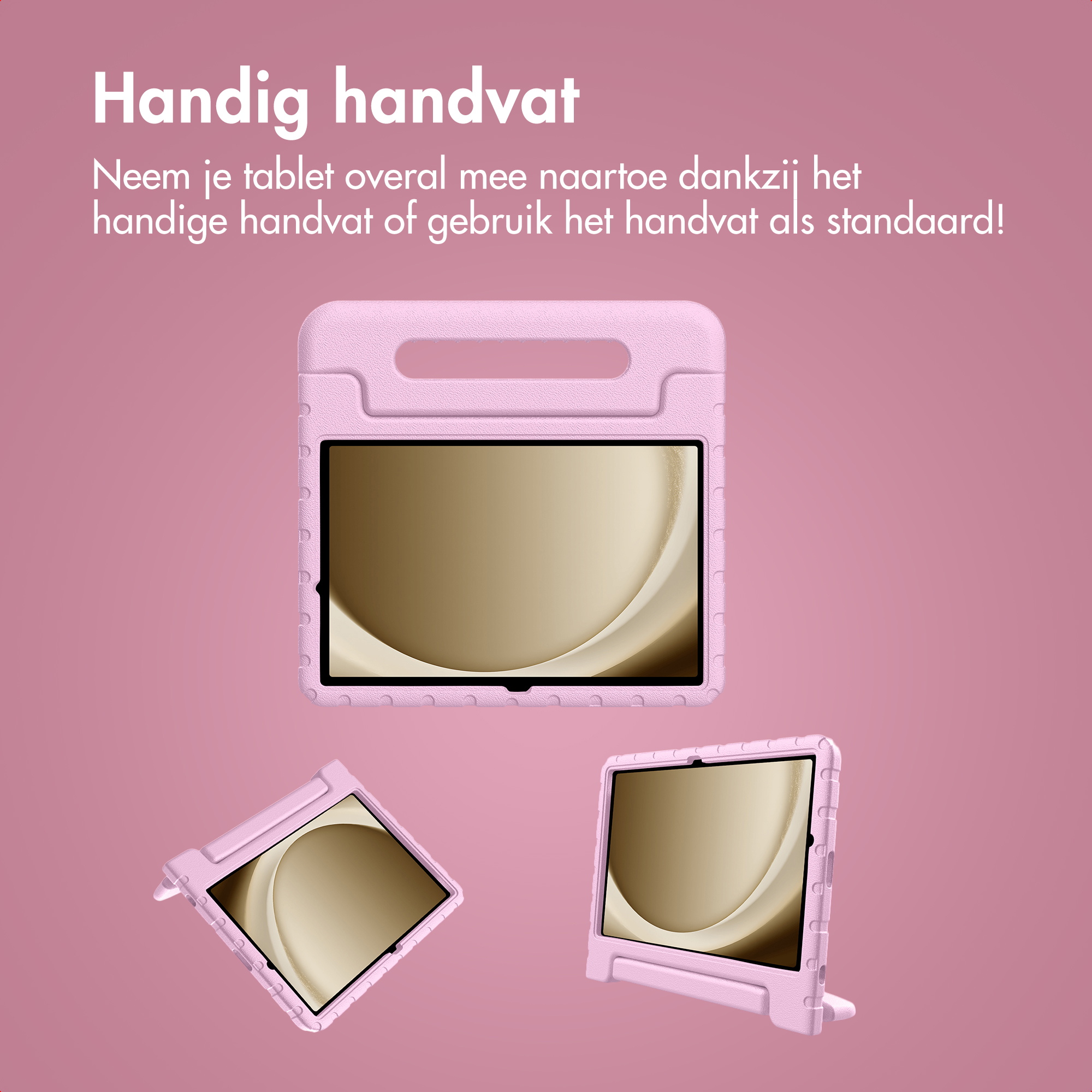 Roze tablethoezen met tablets erin. Witte tekst op roze achtergrond. De hoes is ook een standaard.