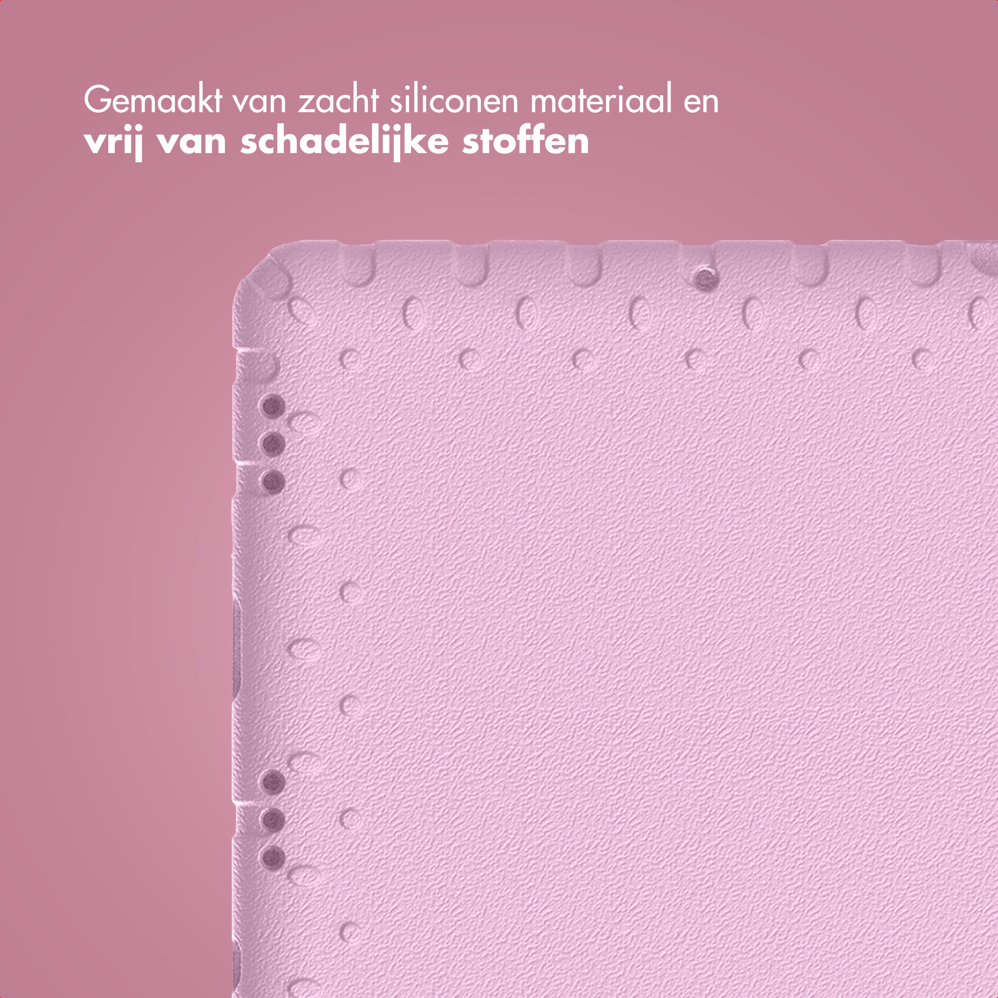 Roze getextureerd oppervlak met afgeronde randen. Witte tekst bovenaan. Kleine gaatjes en roze achtergrond.