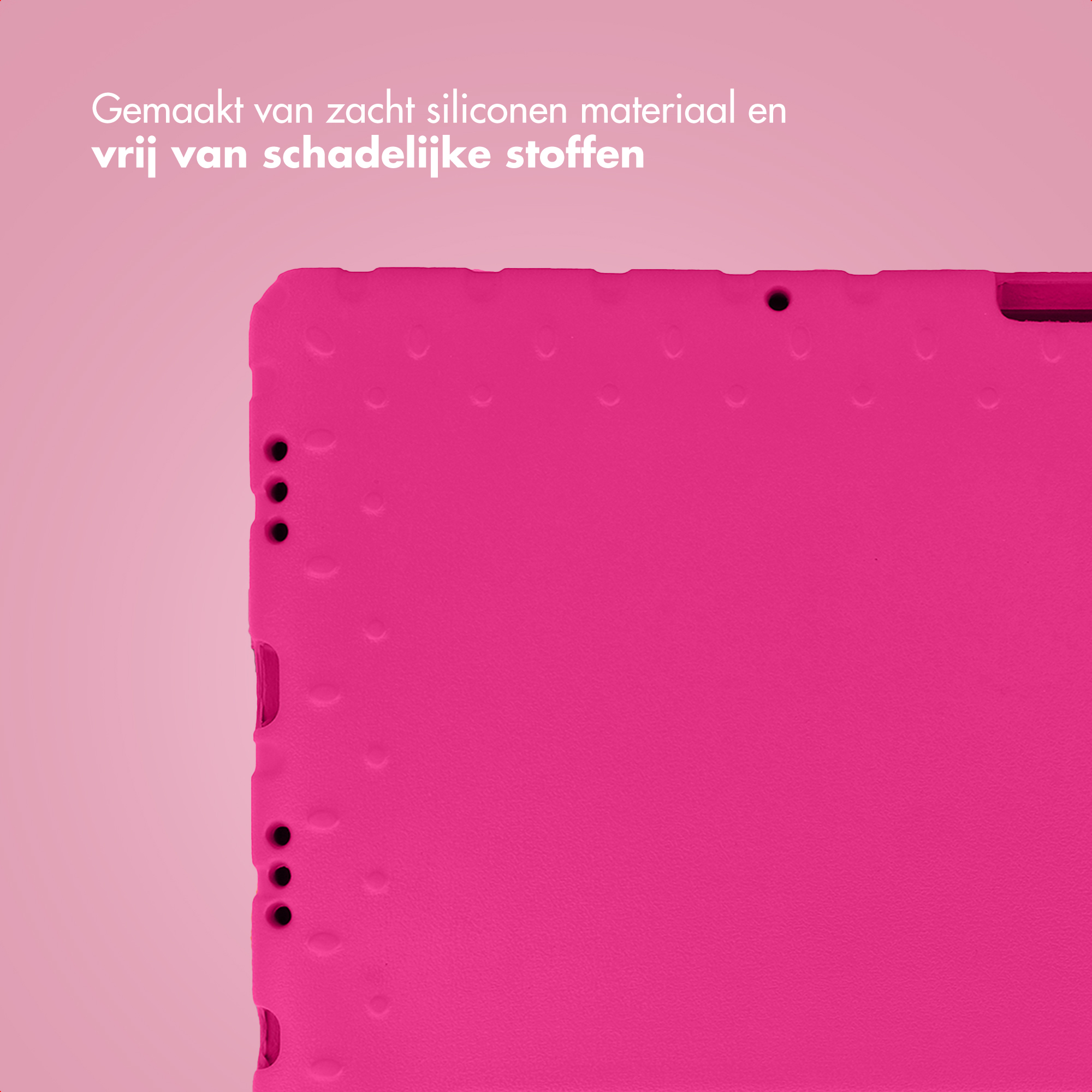 Close-up of a pink tablet case. The background is a gradient of pink. Text in white says: made of soft silicone.