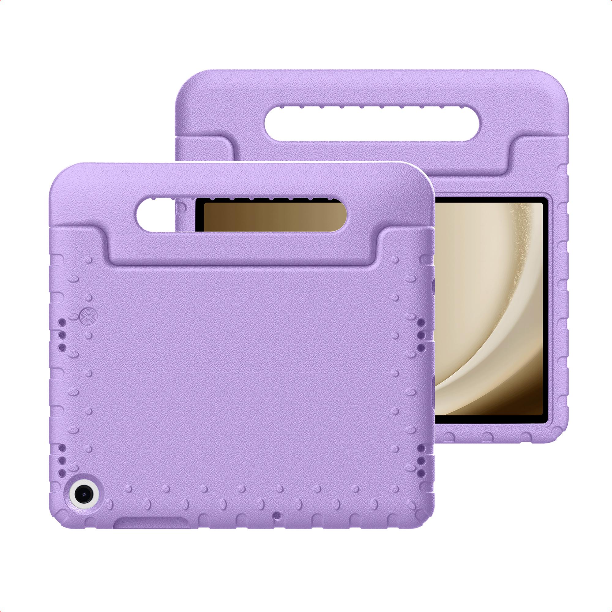 Twee paarse tablethoezen, één met een tablet erin. Elke hoes heeft een handvat en een textuuroppervlak.