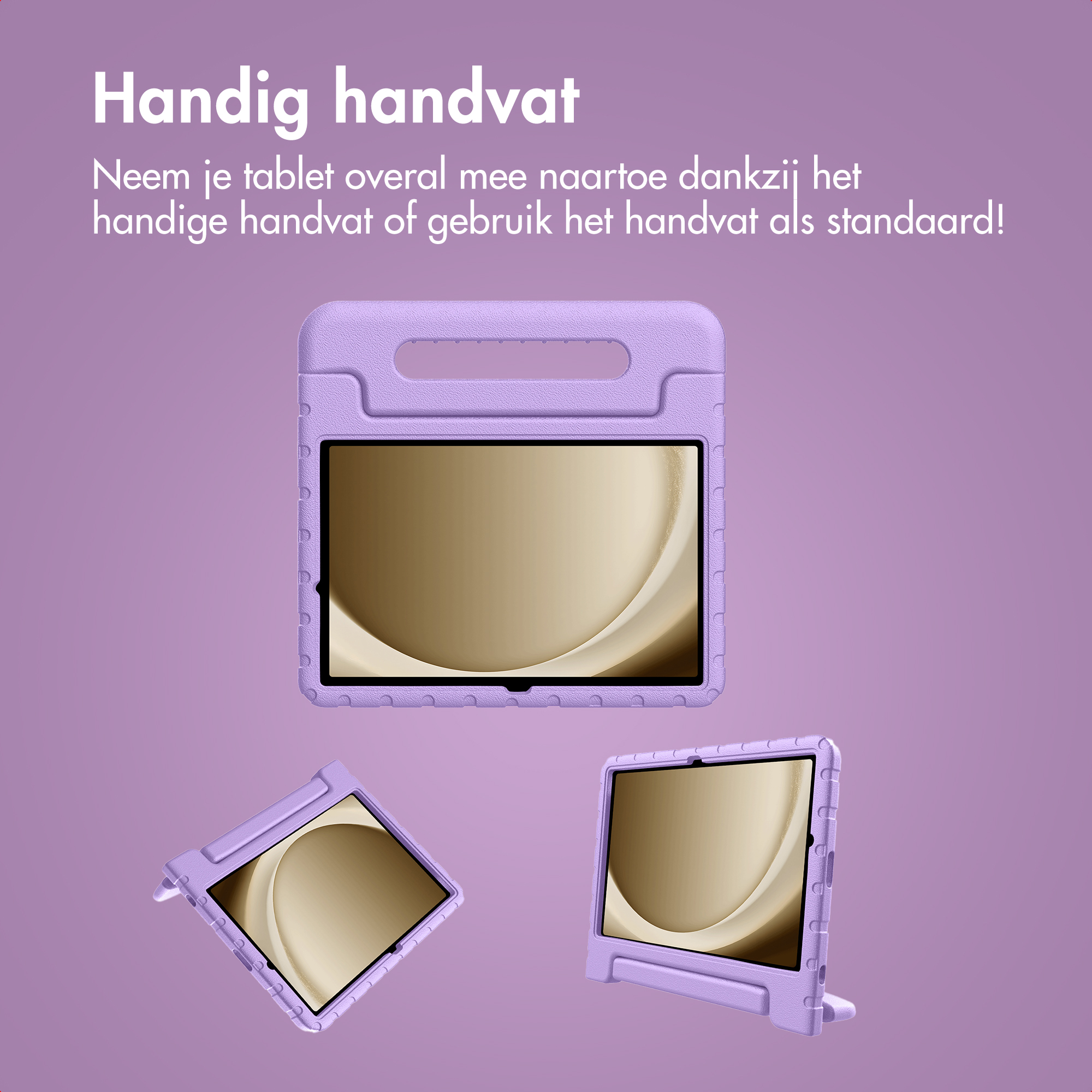 Afbeelding toont een paarse tablethoes met handvat. Drie hoezen worden getoond. Tekst: 'Handige handvat' in het Nederlands.