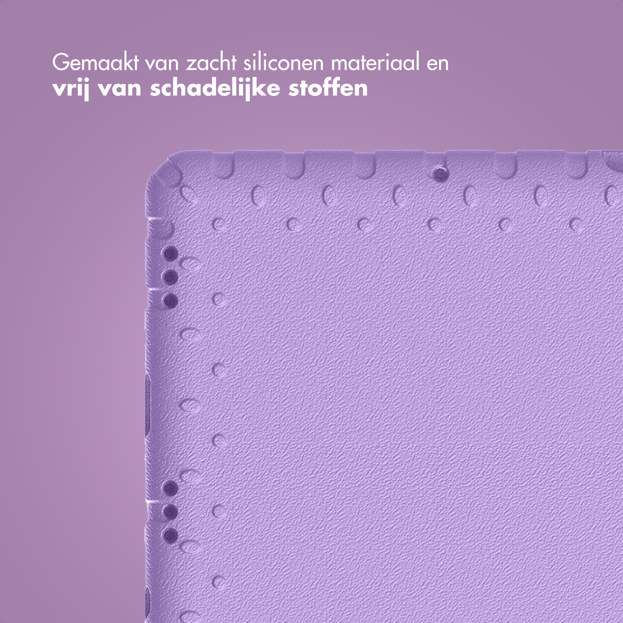 Close-up van een getextureerd, lavendelkleurig oppervlak. Het heeft kleine afgeronde inkepingen langs de rand, met tekst bovenaan.