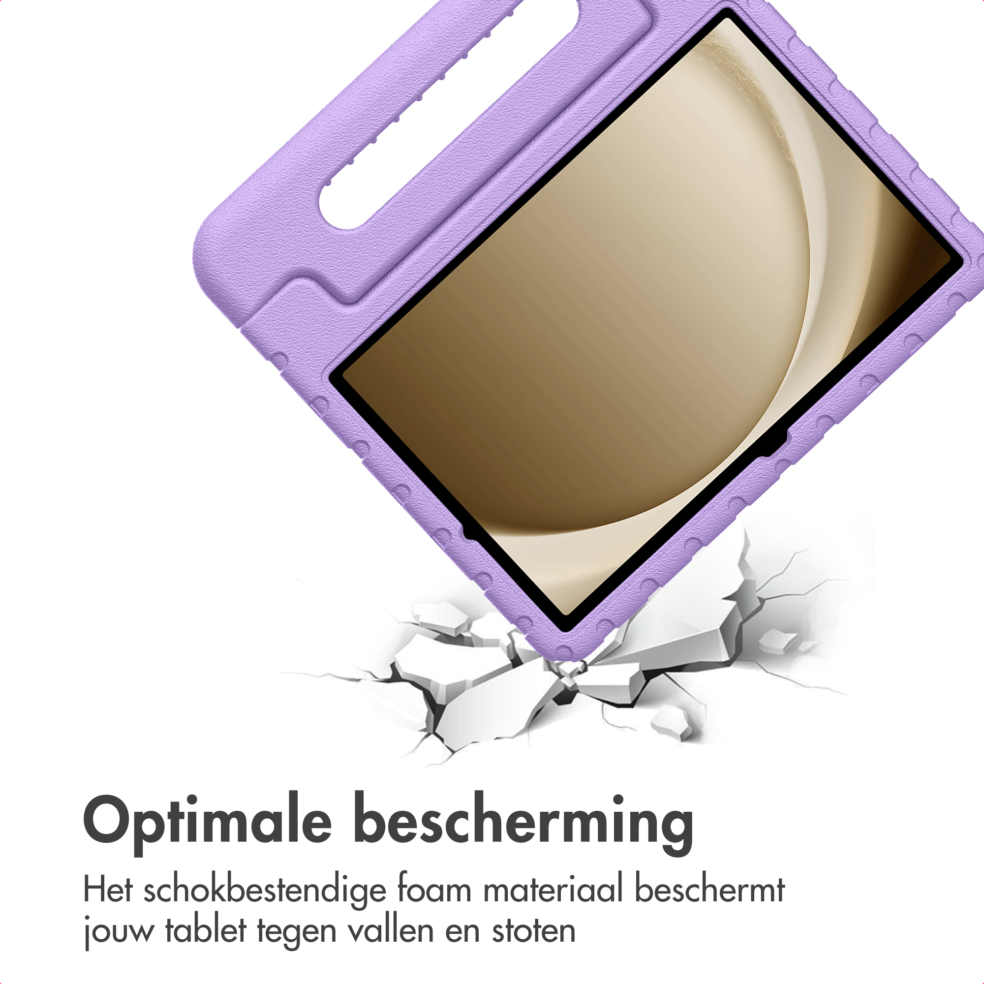 Een paarse tablet hoes beschermt een tablet. De tablet valt en barst de grond eronder.