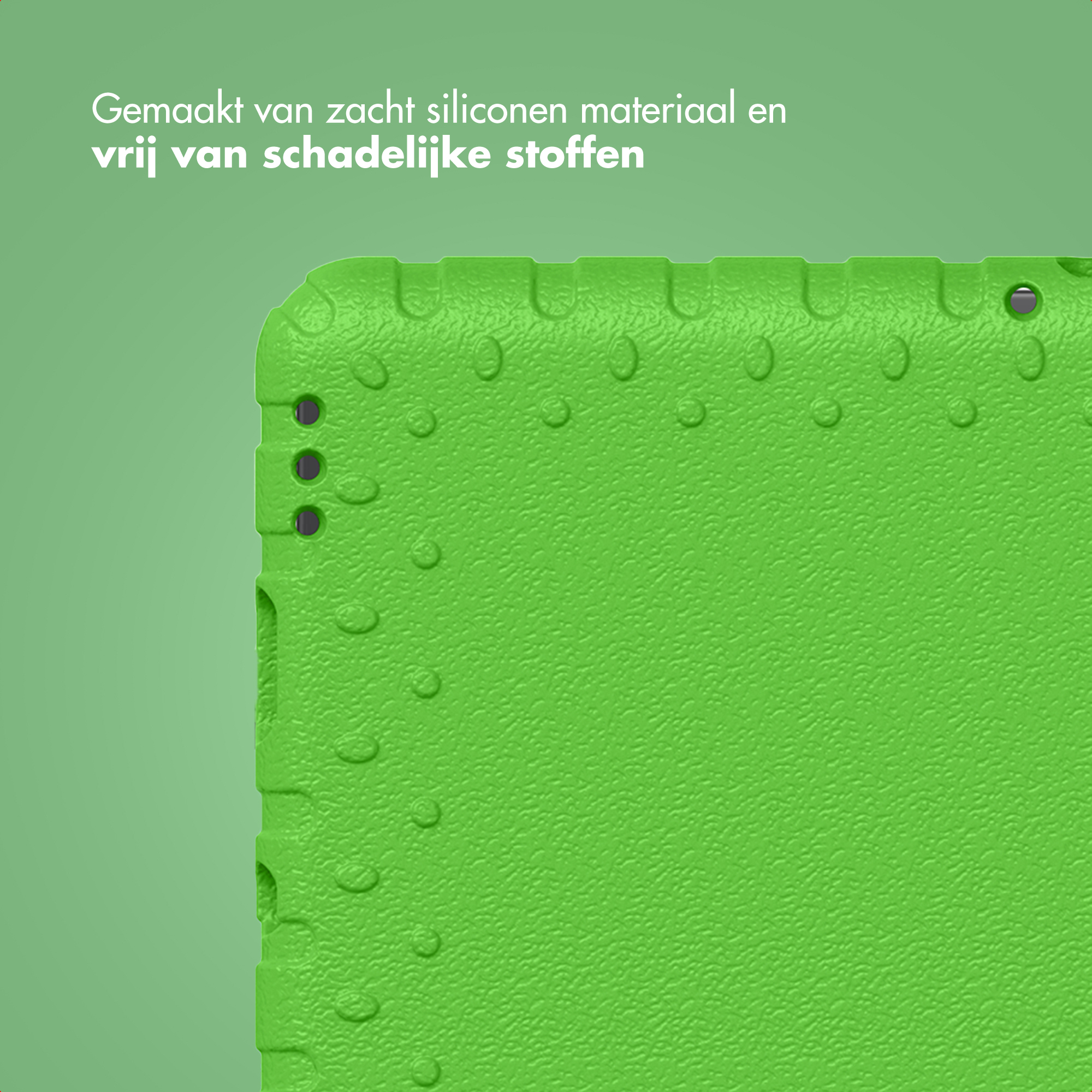 Close-up van een groen, getextureerd siliconen materiaal. Enkele gaten zijn zichtbaar. De achtergrond is ook groen. Tekst is zichtbaar.