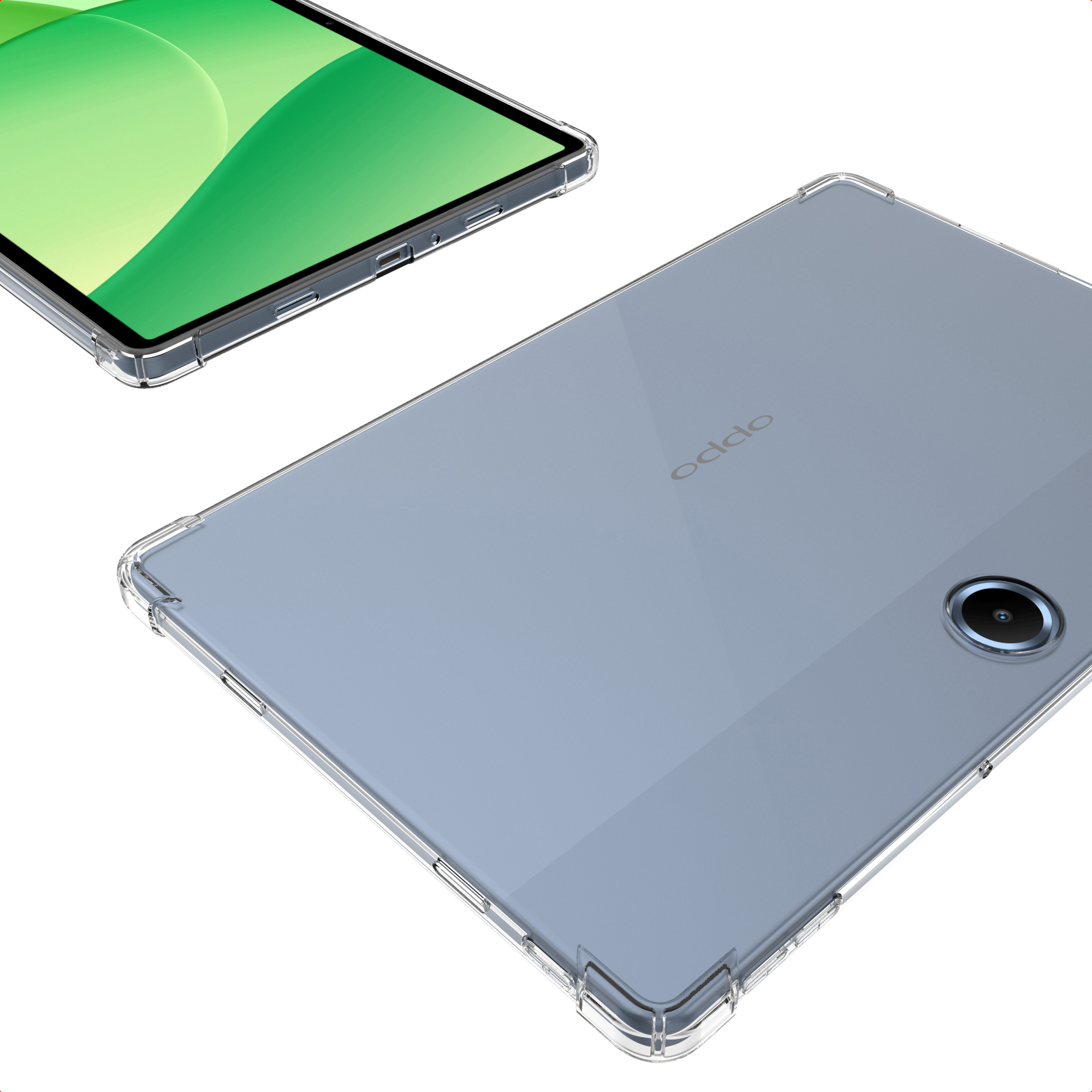 A tablet with a transparent case. The tablet is light blue, with a green display. The camera lens is visible.