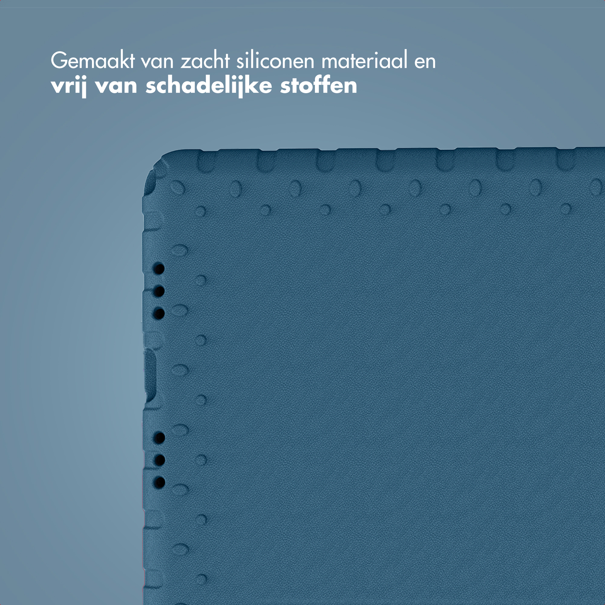 Close-up of a blue silicone material. The material has small circular indentations. Text in Dutch reads, 'Made of soft silicone'.