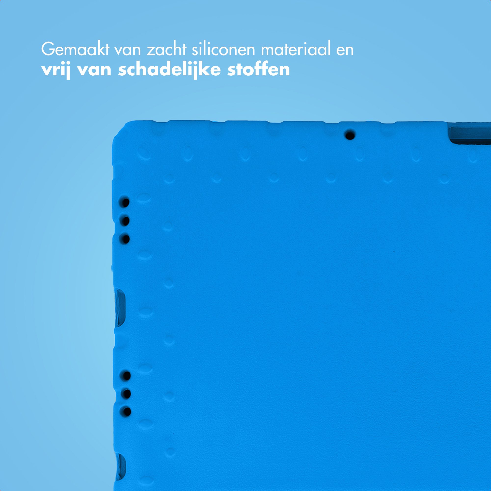 Blue silicone material. Features a textured surface with small dimples and holes. Text in Dutch reads 'Made of soft silicone'.