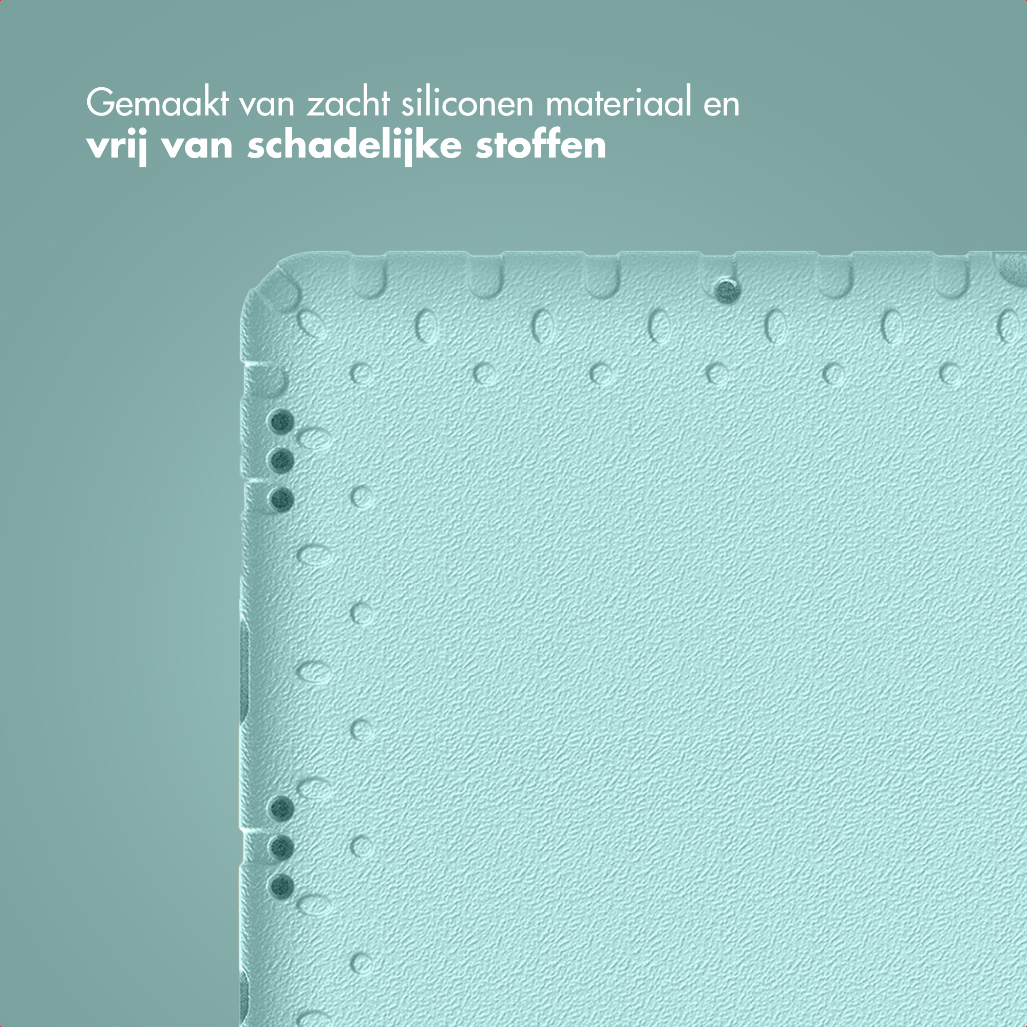 Gros plan d'une surface texturée bleu clair avec des bords arrondis. Le texte en haut dit: 'Fabriqué en silicone souple'.