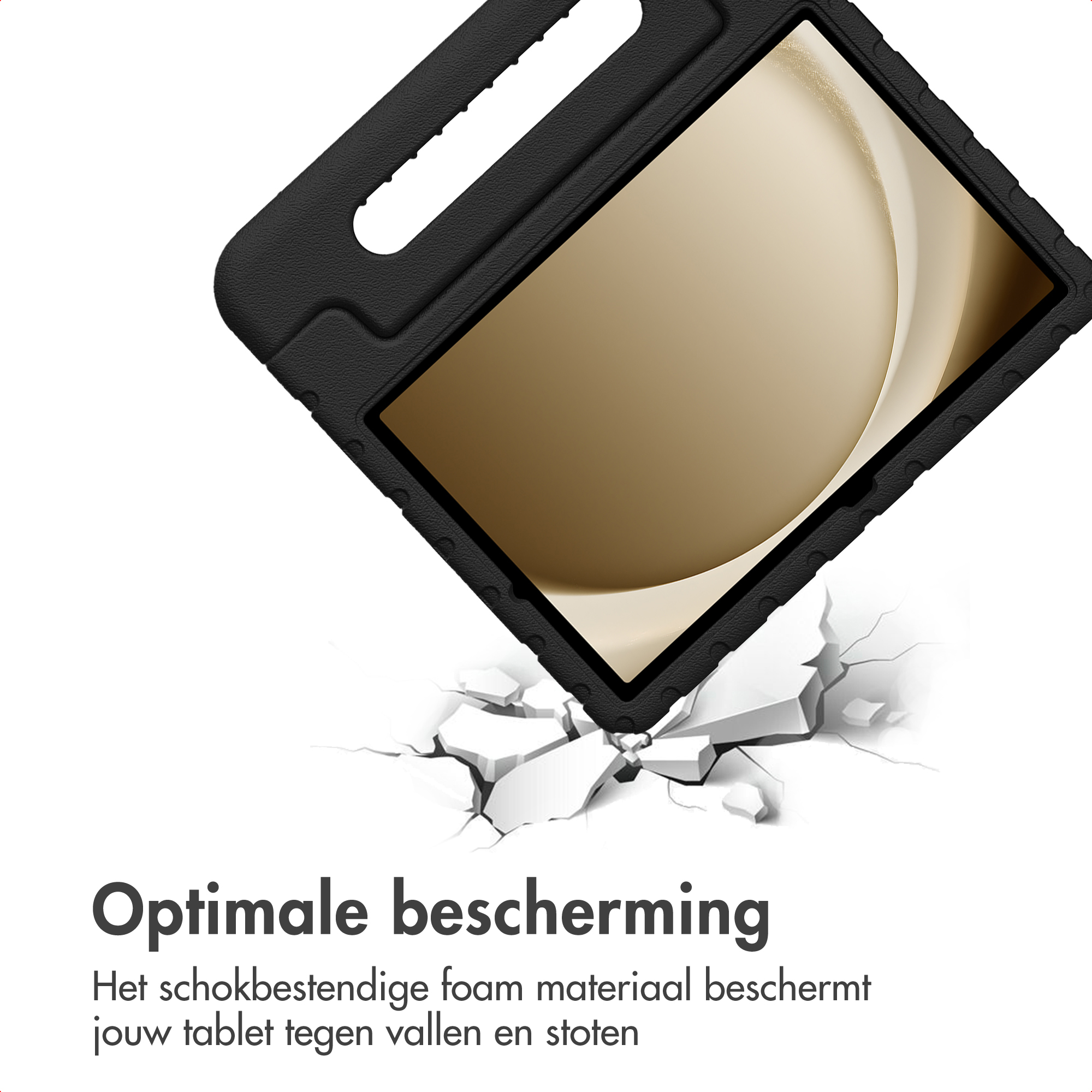 Een zwarte tablethoes lijkt te vallen, waardoor de grond eronder scheurt. De hoes heeft een handvat.