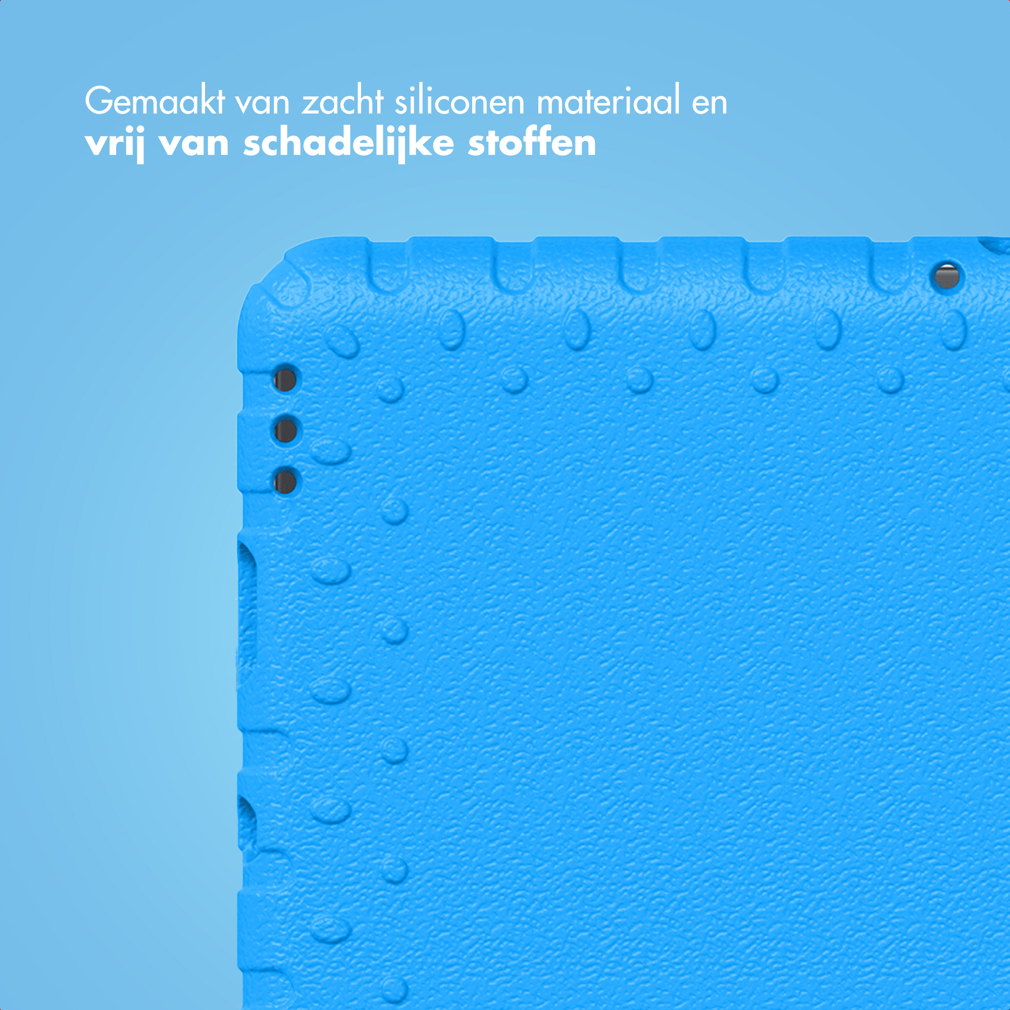 Close-up of a textured blue surface with a curved edge and a few holes. The background is light blue.