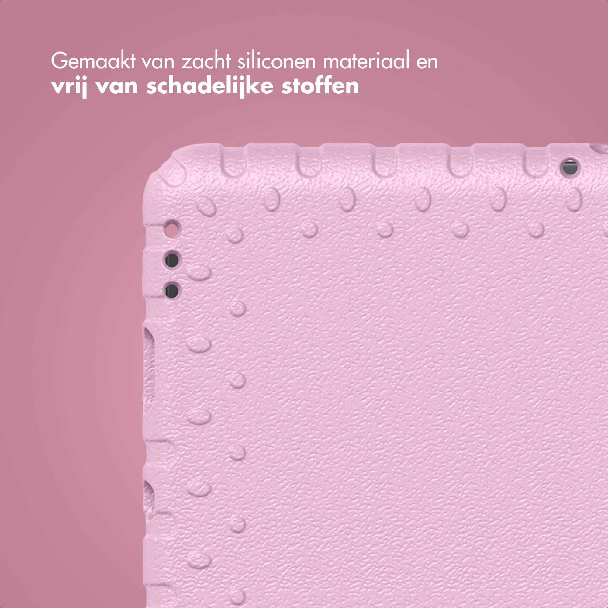 Close-up van een roze oppervlak met kleine gaatjes. Tekst in het Nederlands.