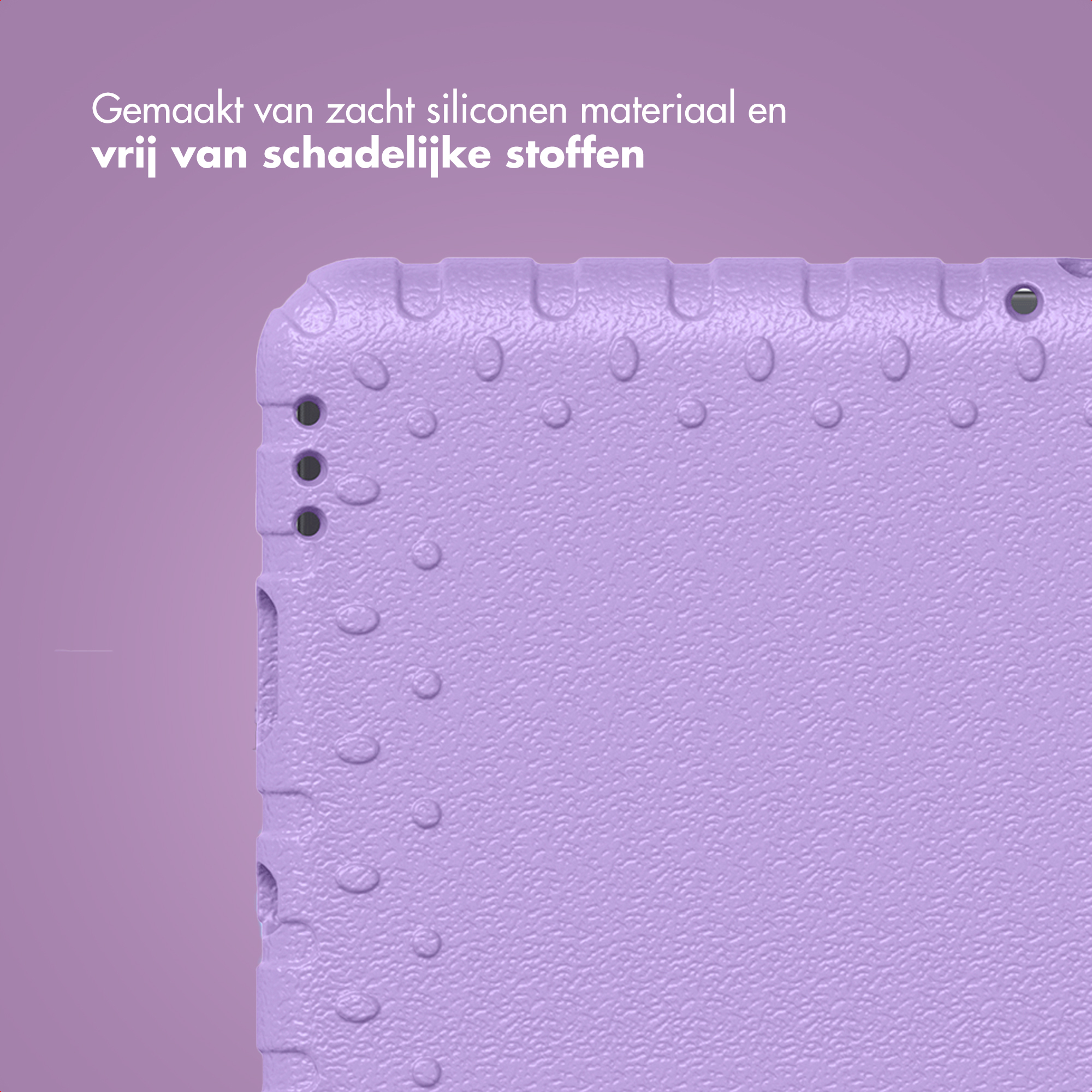 Close-up of a textured, lavender silicone case. Text at top: Made of soft silicone material and free of harmful substances.
