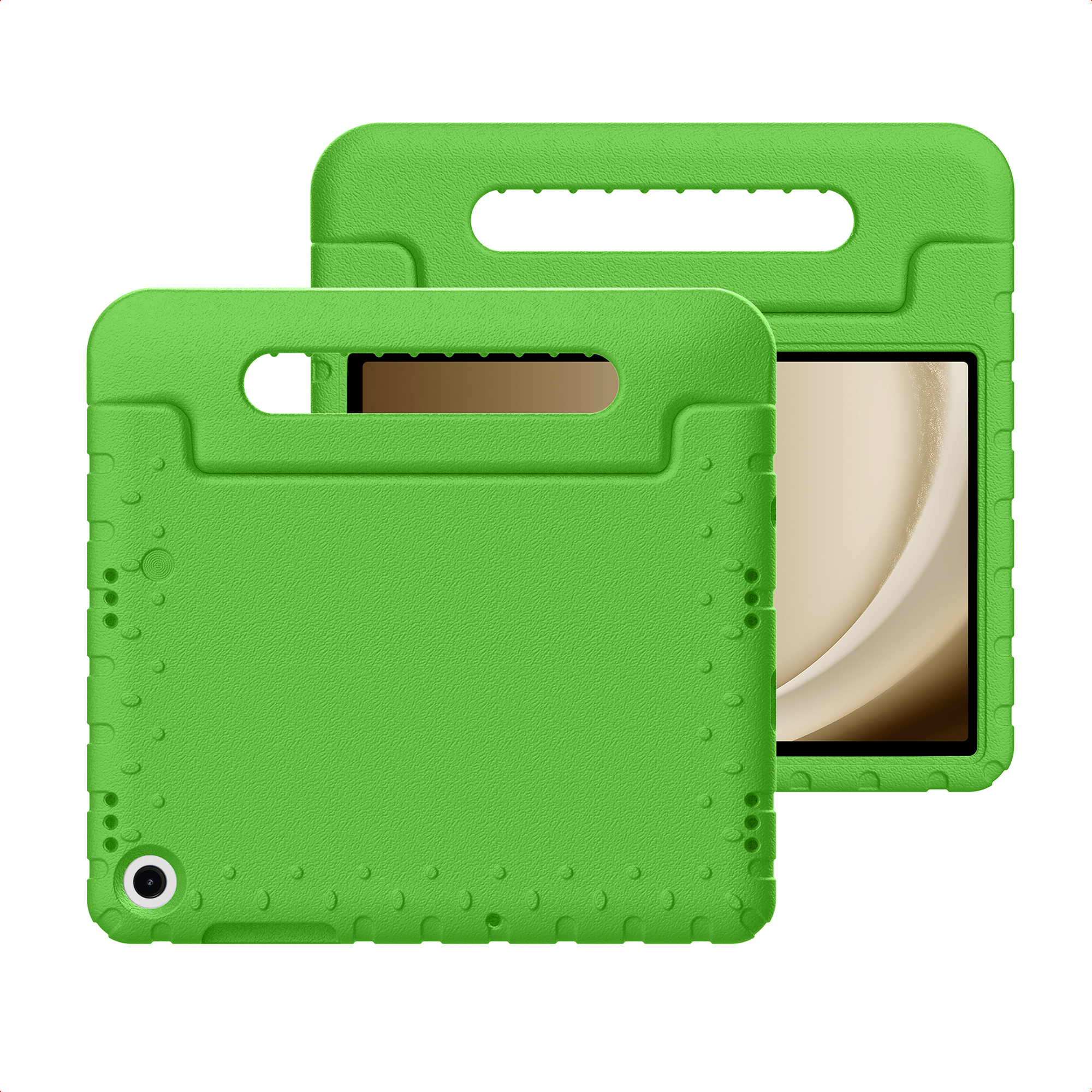 Twee groene tablethoezen. Eén is open en toont het scherm. Beide hebben handvatten.