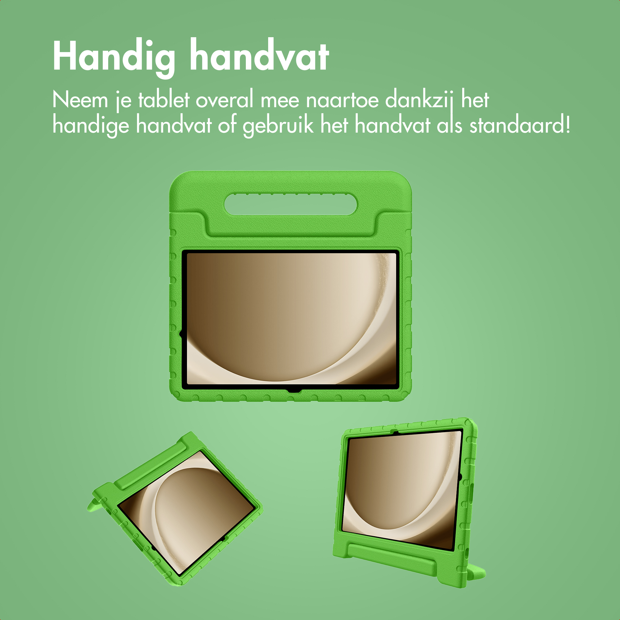 Groene tablethoes met handvat. Er worden drie hoezen getoond, met een tablet erin. Tekst in het Nederlands. Groene achtergrond.