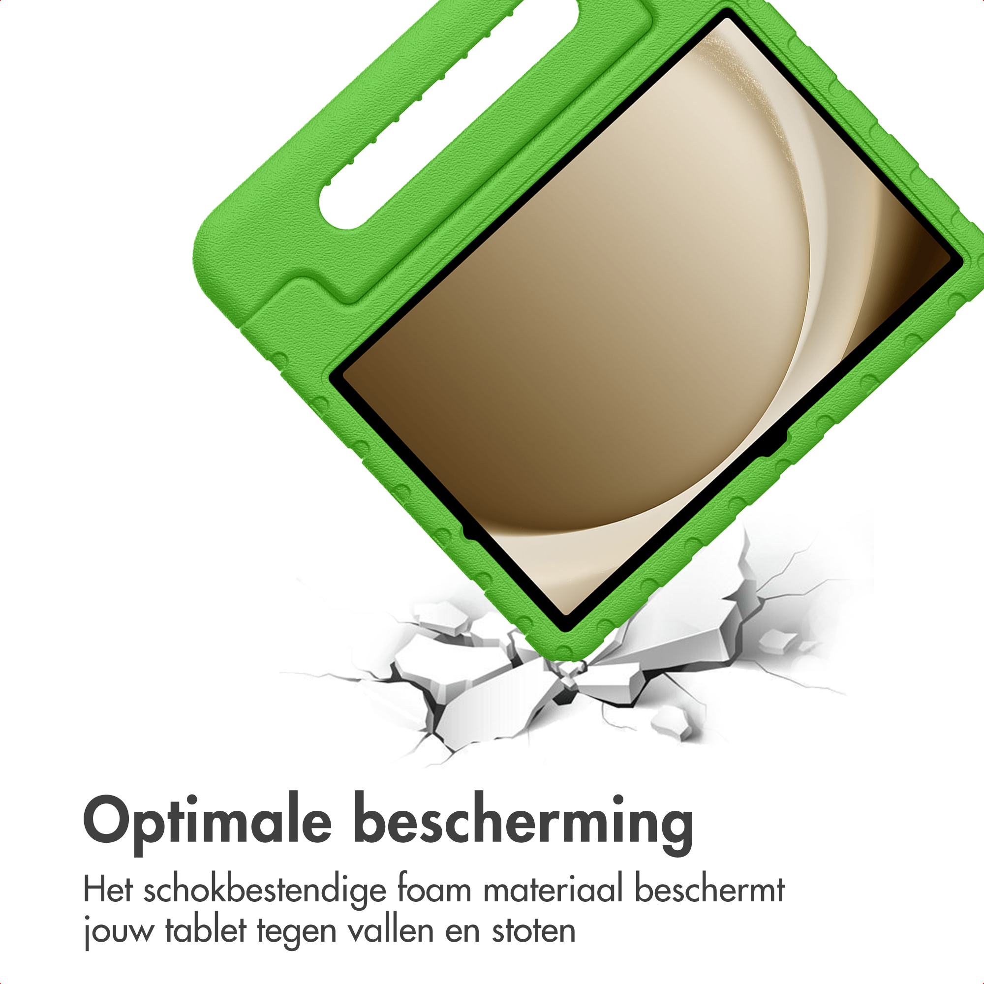 Een groene tablethoes, schuin, met een scherm. De tablet lijkt te vallen en een wit oppervlak te breken.