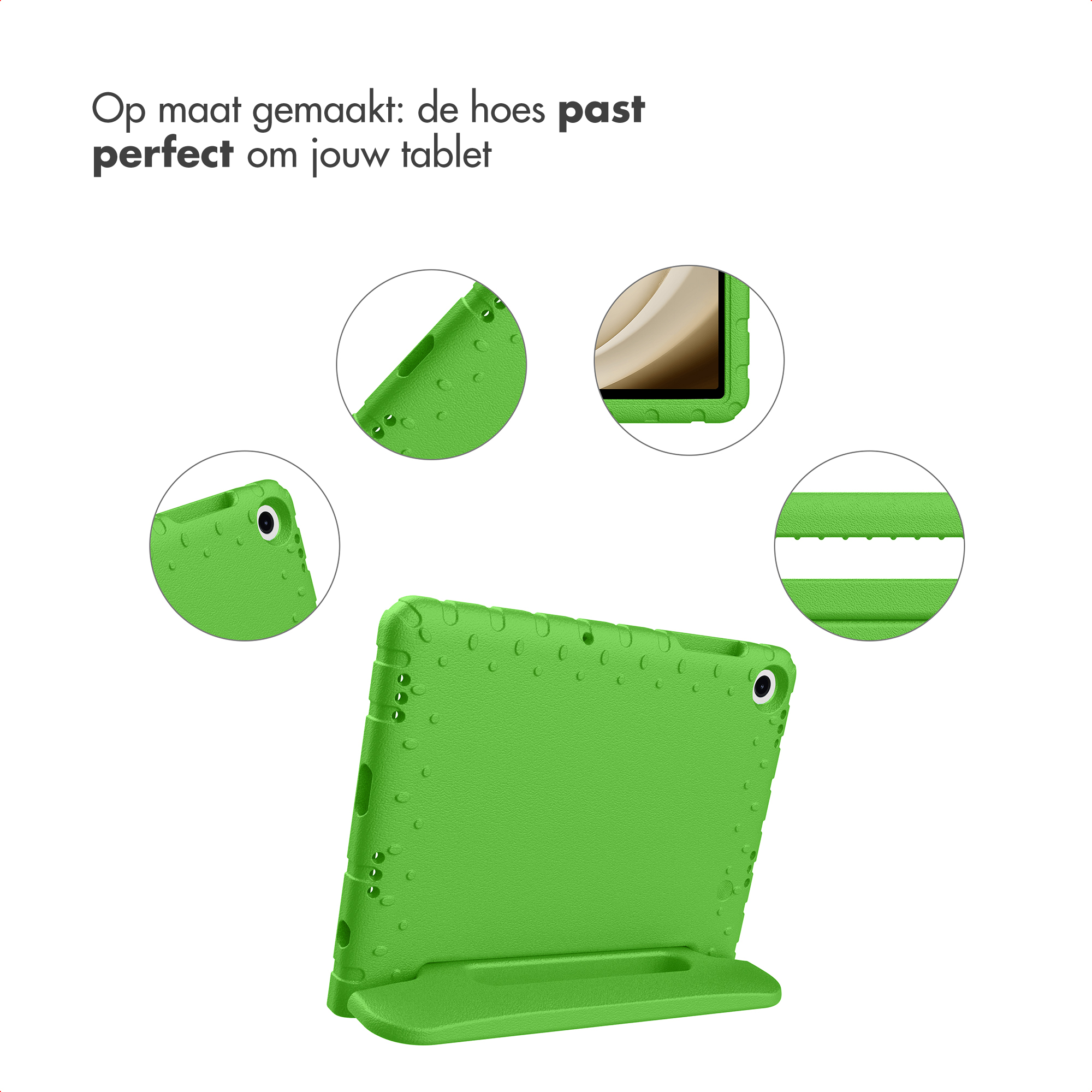 Een groene tablethoes met standaard wordt getoond op een witte achtergrond. Close-ups tonen details en de tekst zegt 'perfect'.