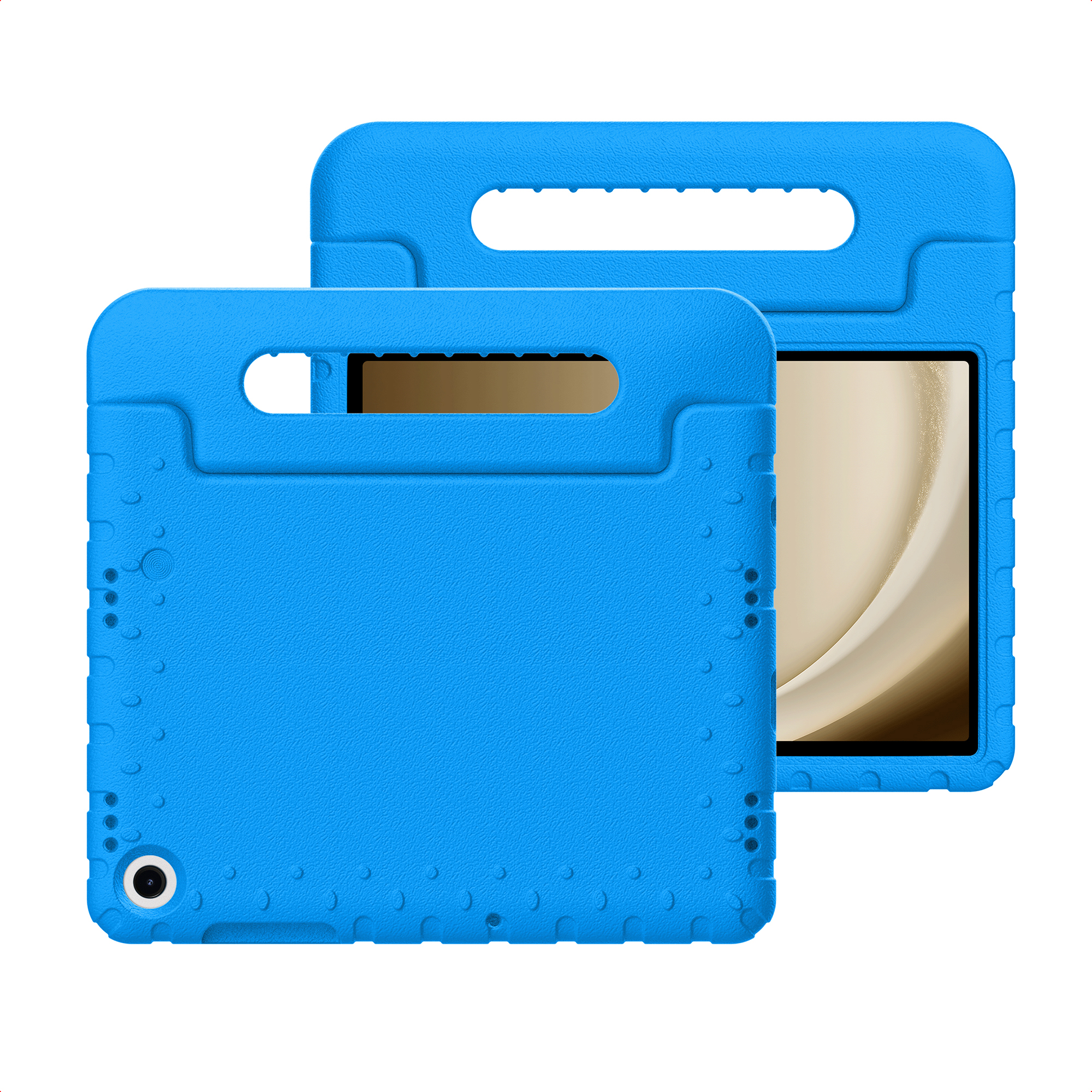 Twee blauwe tablethoezen, de ene voor de andere. Elk heeft een handvat. De tablets zijn zichtbaar.