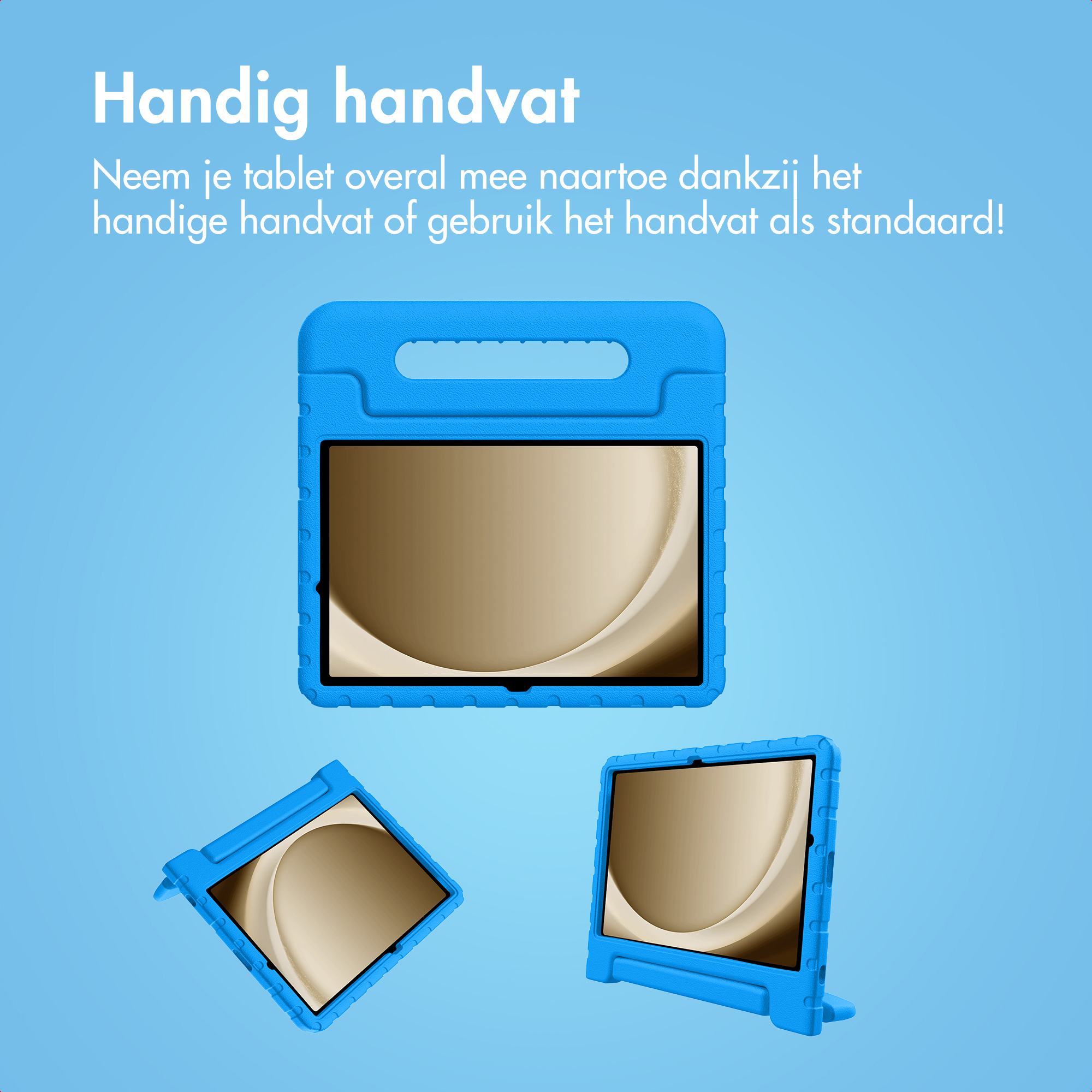 Afbeelding toont drie blauwe tablethoezen, één rechtop, twee schuin, op een blauwe gradiënt achtergrond, met tekst over de handgreep.