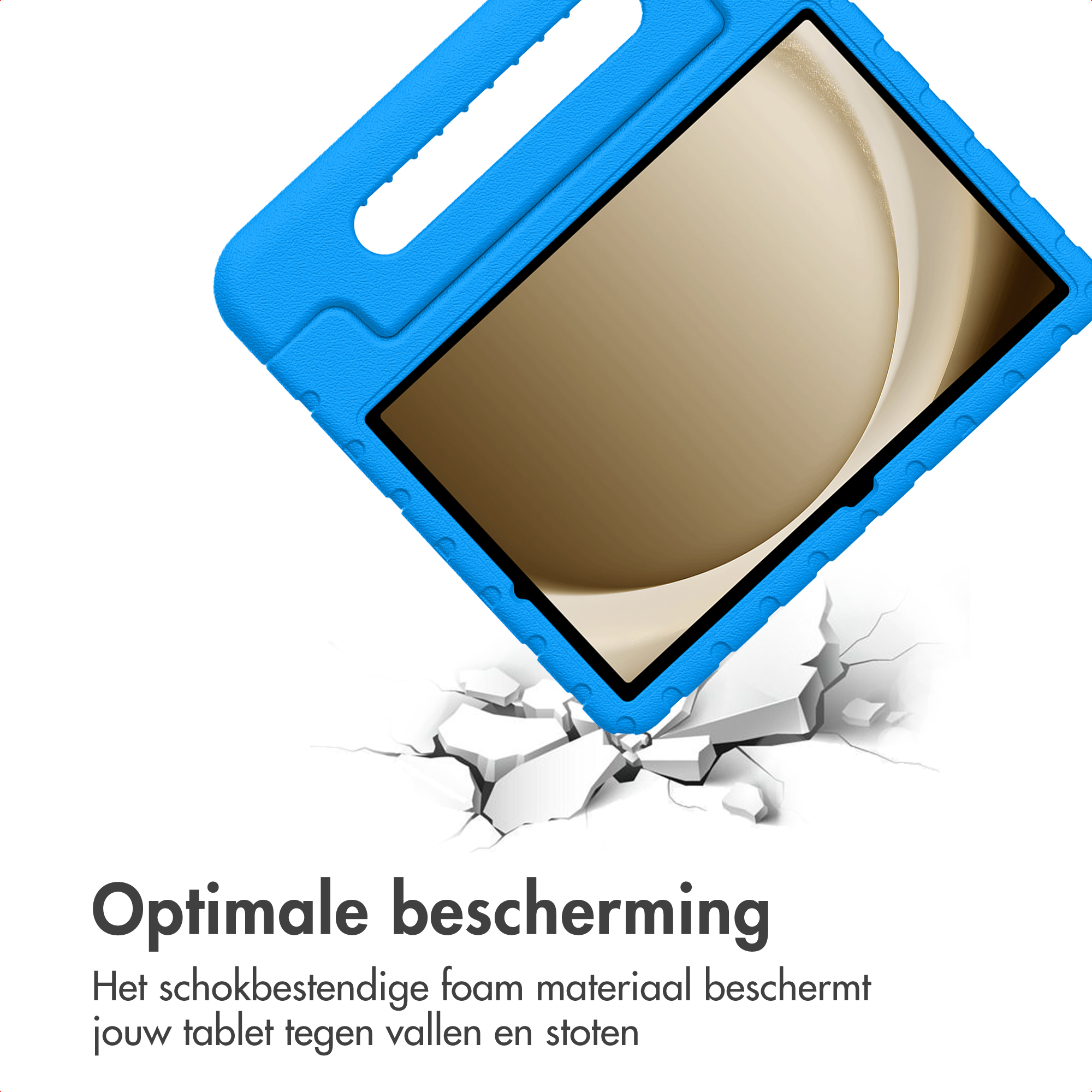 Een blauwe tablethoes beschermt een tablet. De hoes valt en breekt een oppervlak. Tekst zegt: 'Optimale bescherming'.