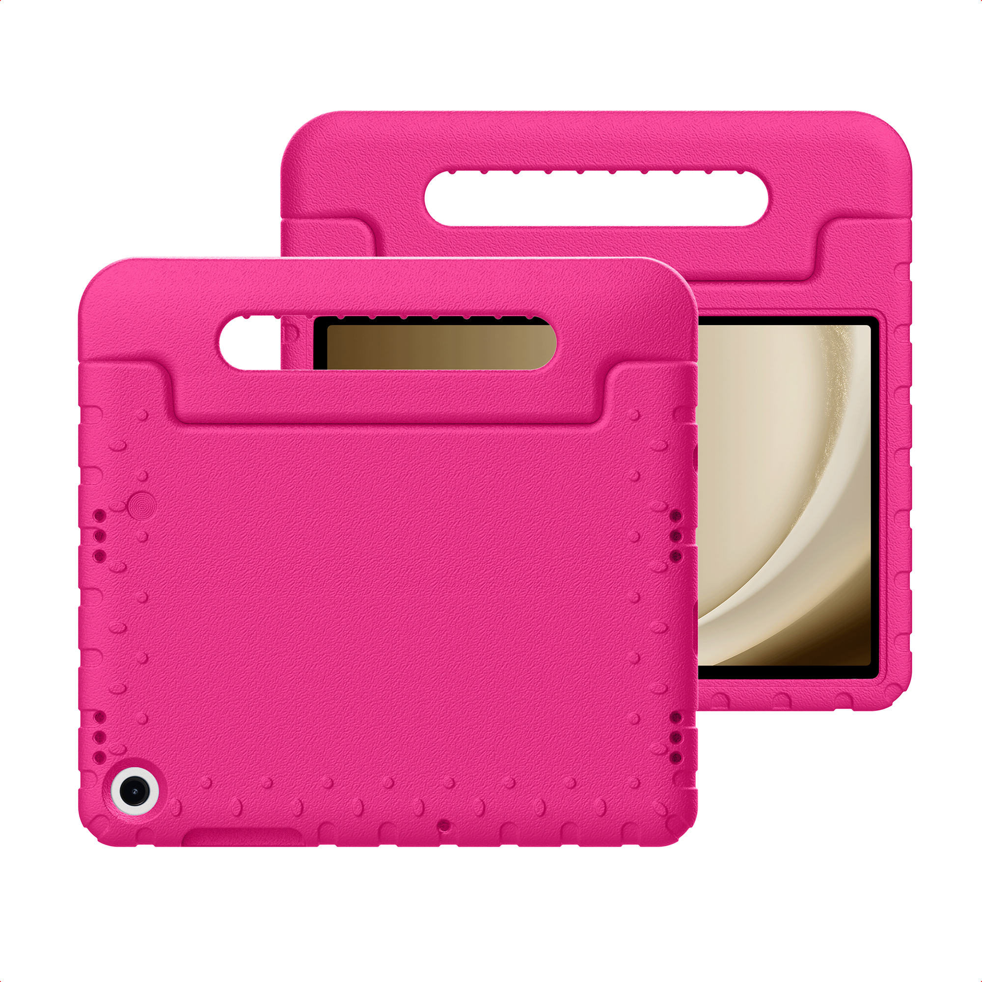 Twee roze tablethoezen. Elk heeft een handvat. Eén hoes toont een tabletscherm. Beide staan op een witte achtergrond.