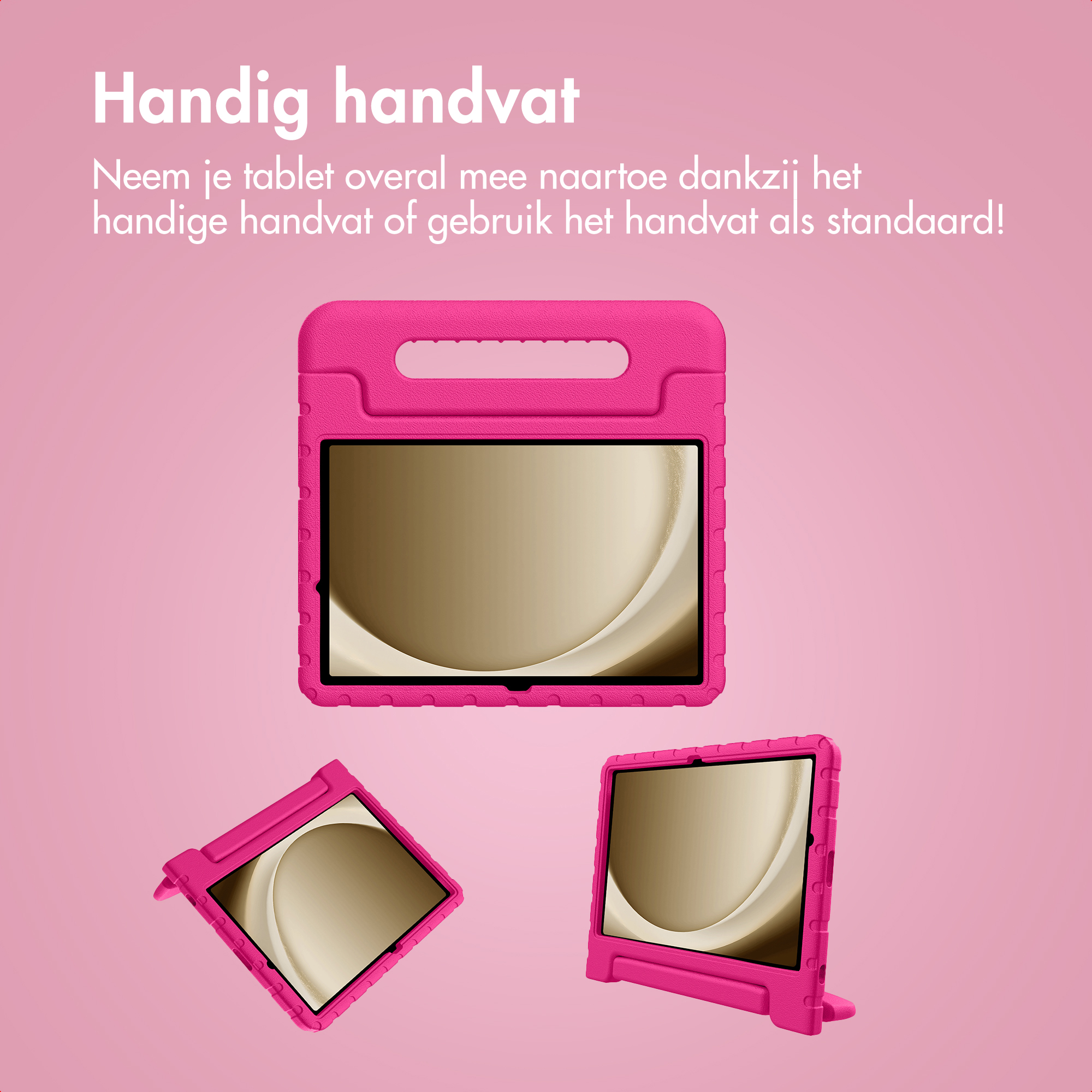 Roze tablethoes met handvat. Drie hoezen worden op een roze achtergrond weergegeven. De tekst luidt 'Handige handvat'.