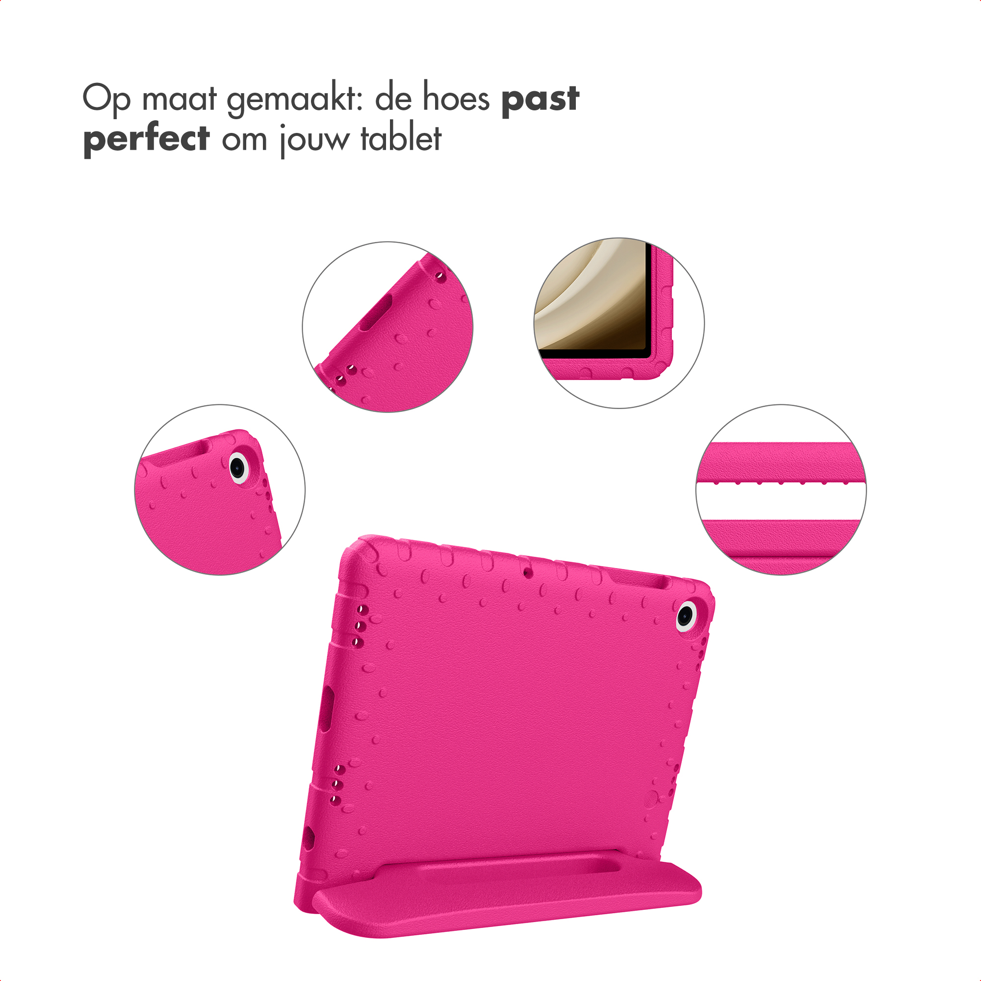 Roze tablethoes met gedetailleerde close-ups. Inclusief standaard en tekst: 'Op maat gemaakt: de hoes past perfect'.