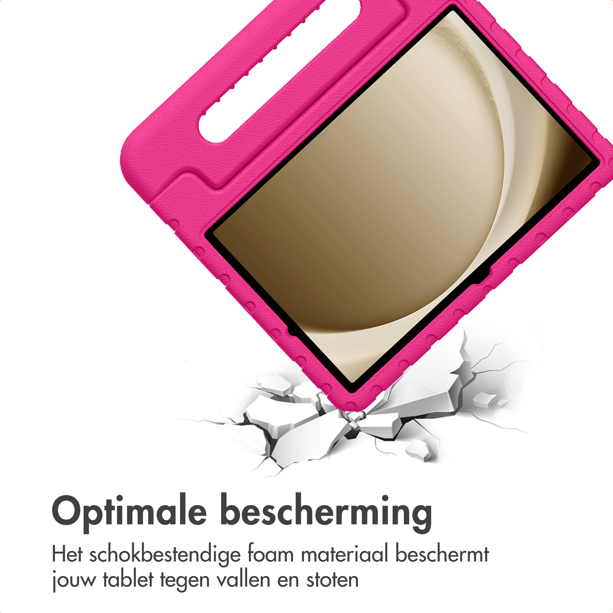 Roze tablethoes valt en breekt de grond eronder. De hoes beschermt de tablet. De tekst zegt 'Optimale bescherming'.