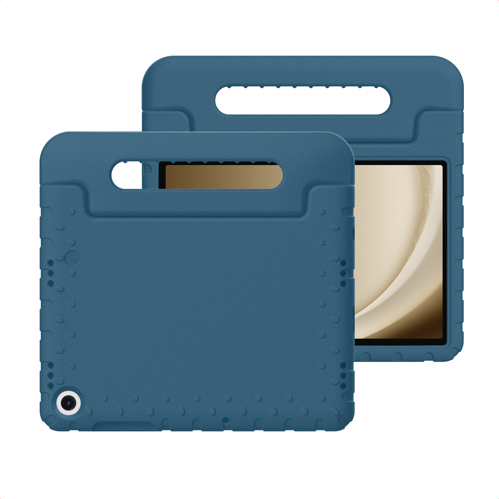 Twee blauwe tablethoezen, een met de tablet erin. Beide hebben handvatten en een gestructureerd oppervlak.