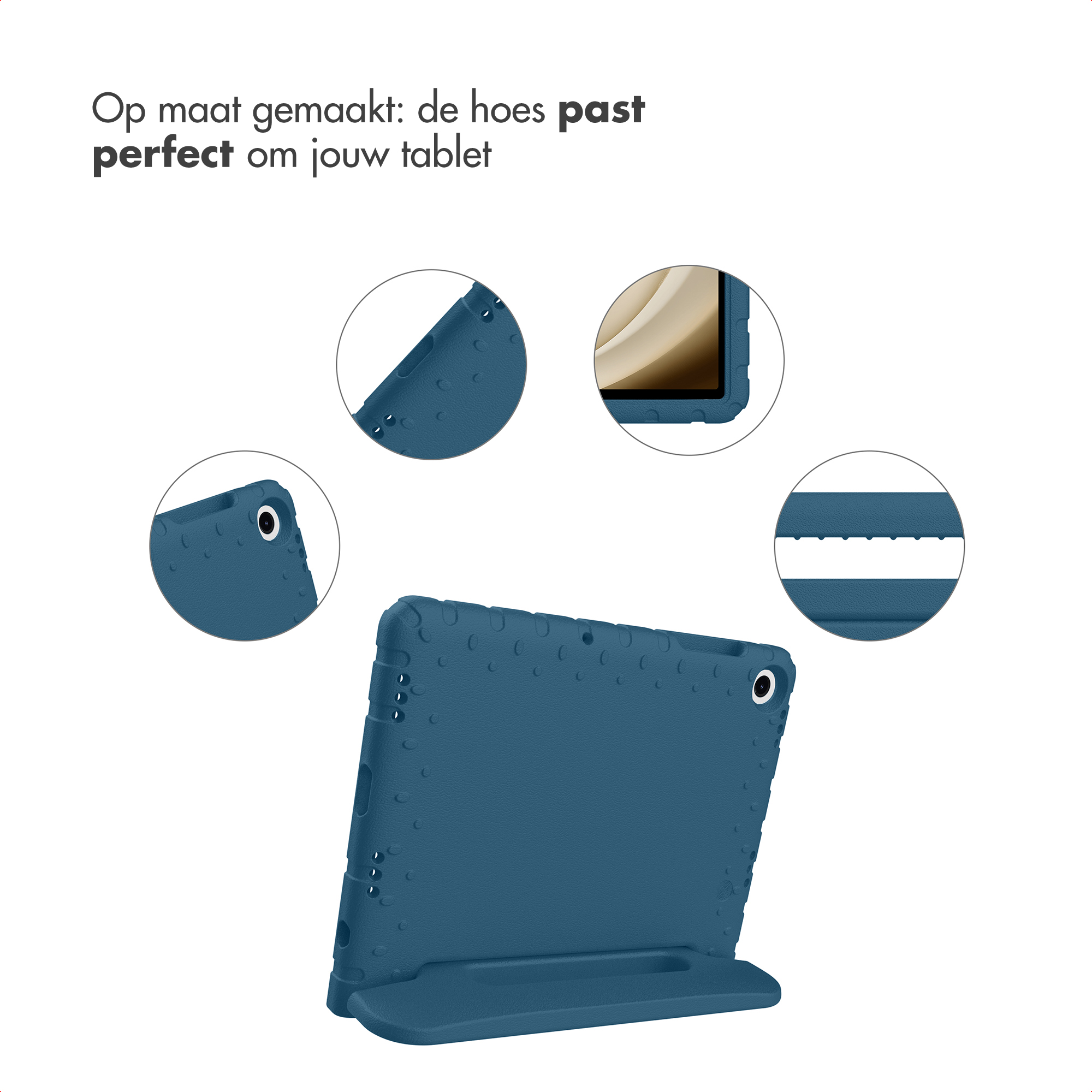 Een blauwe tablethoes met standaard. Verschillende ingezoomde secties tonen details van de hoes en tekst bovenaan.