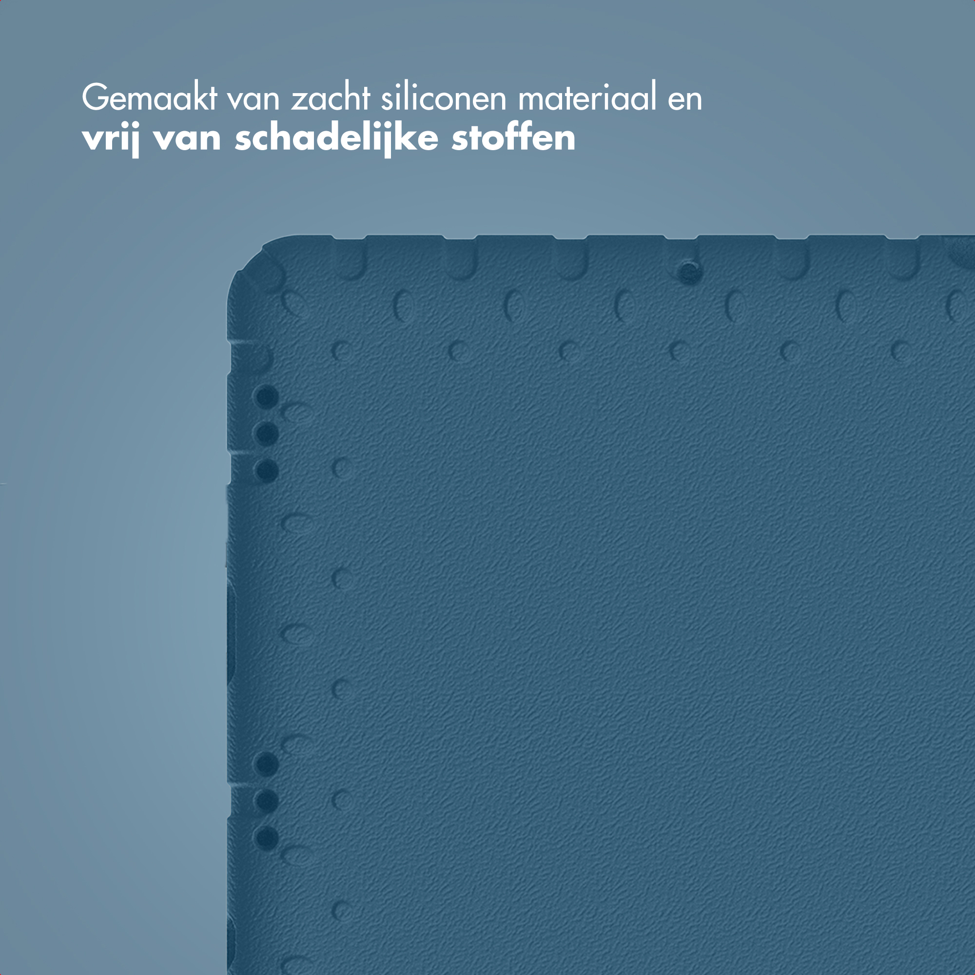 Blauw getextureerd oppervlak met afgeronde hoeken. Tekst in de linkerbovenhoek.
