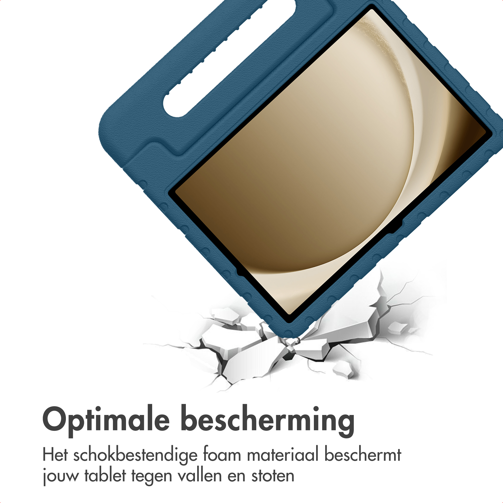 Een blauwe tablethoes valt en barst de grond. Het scherm is zichtbaar.