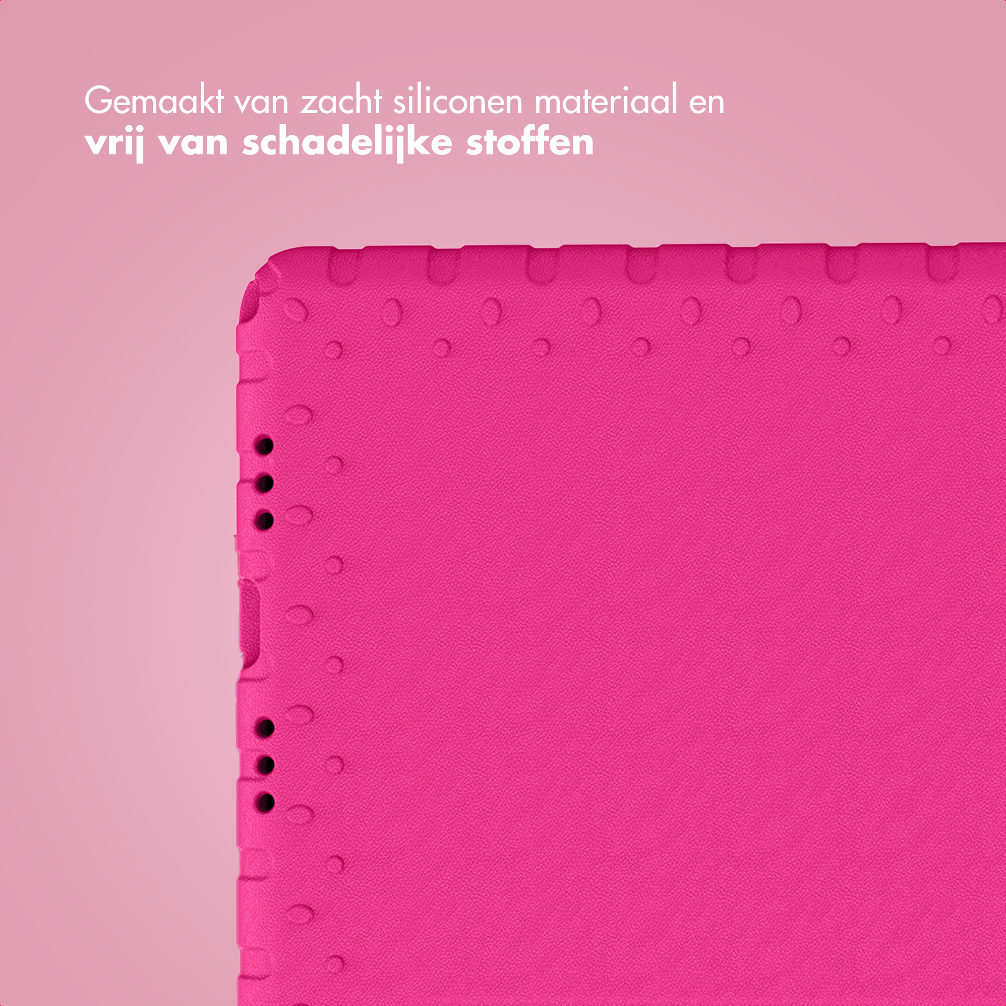 Close-up of a pink silicone material, with text at the top. The surface has small holes and a textured feel.