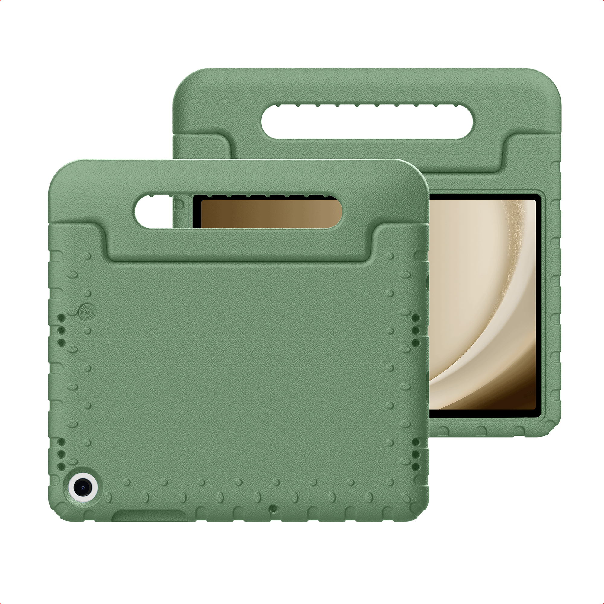 Twee groene tablethoezen. Eén staat vooraan. De andere staat erachter. Elk heeft een handvat.